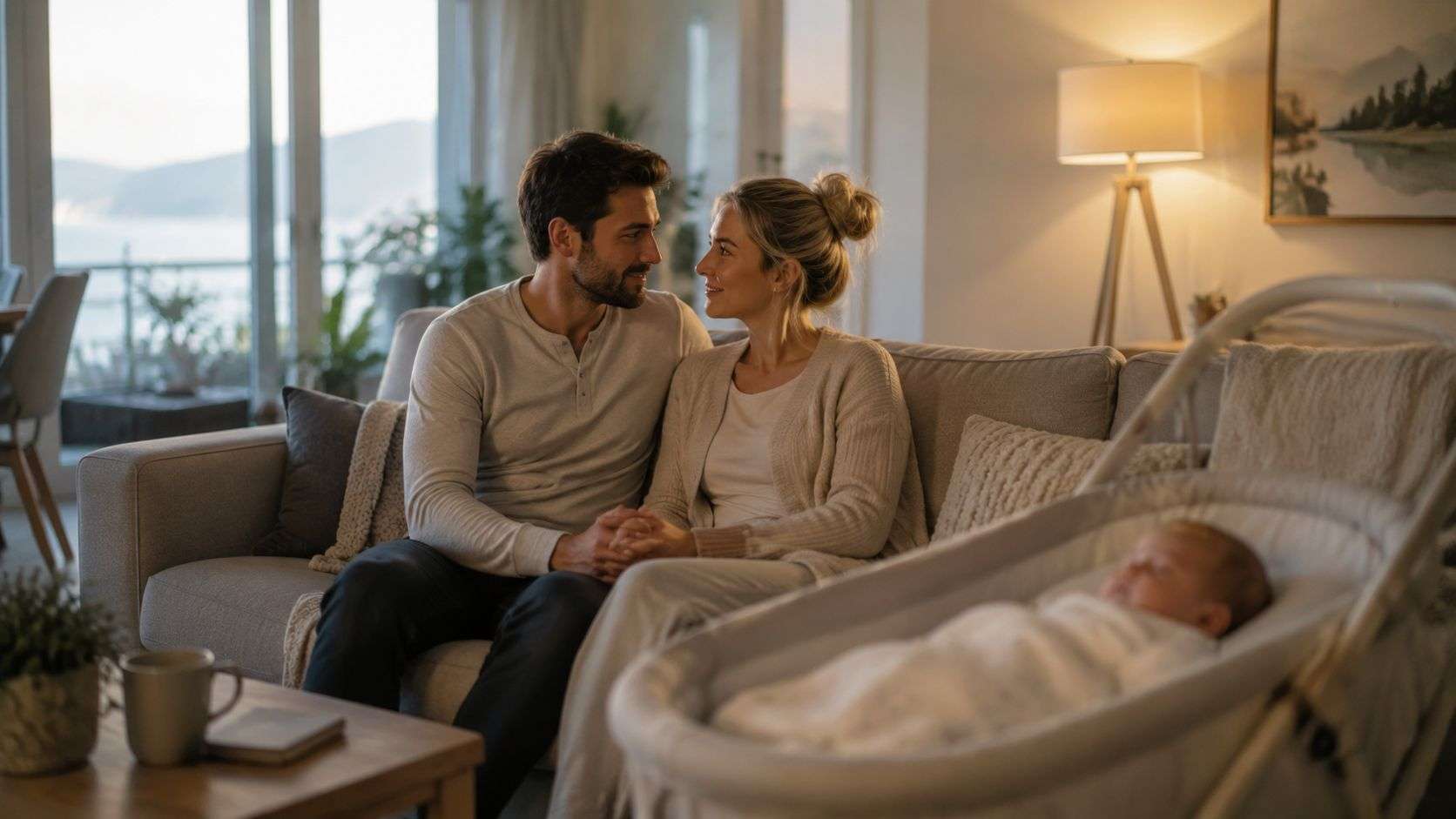 A loving couple sitting on a couch in their home while their newborn baby sleeps peacefully nearby.