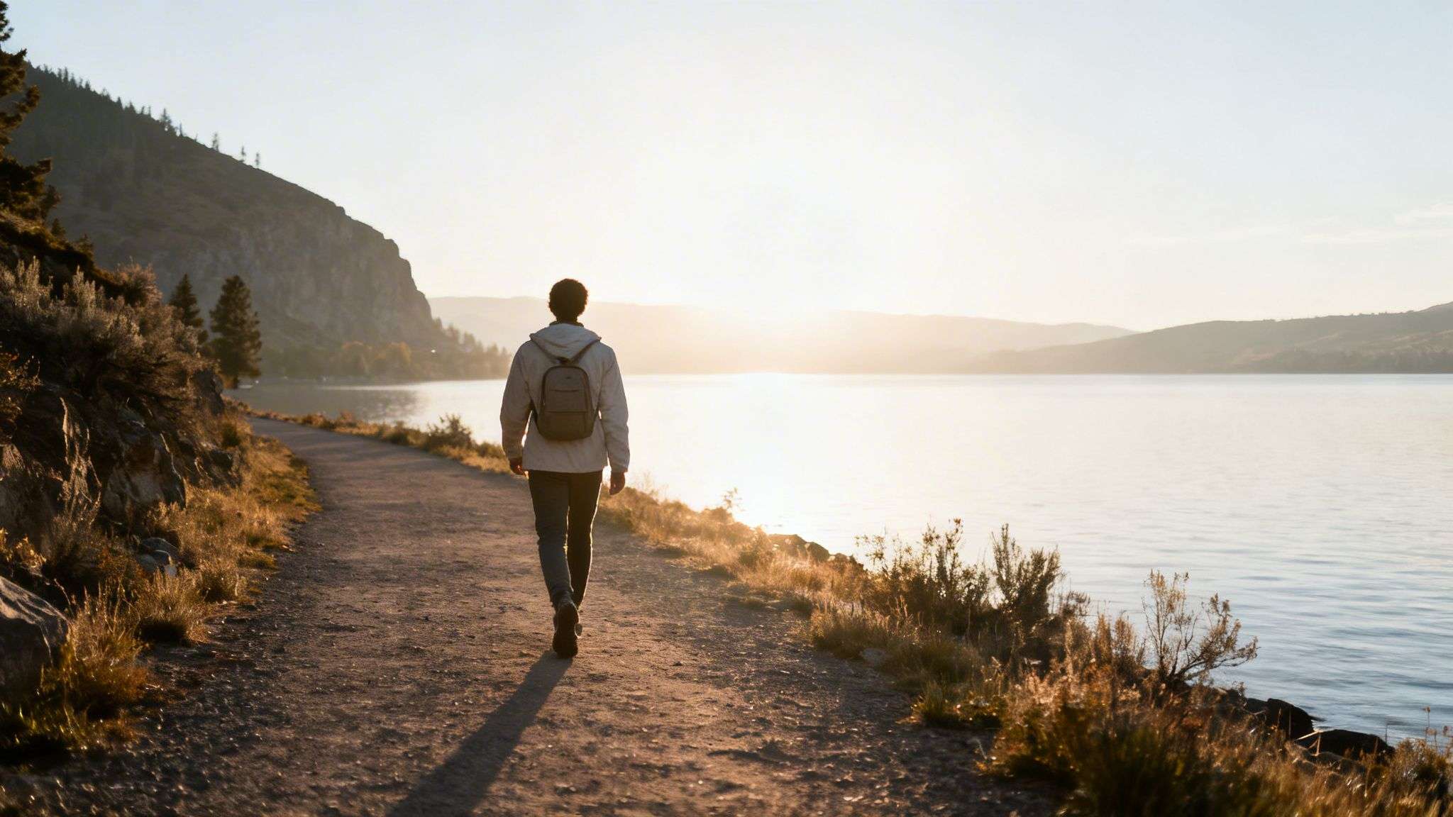 Rear view of a person with a backpack walking on a dirt path beside a lake at sunrise.