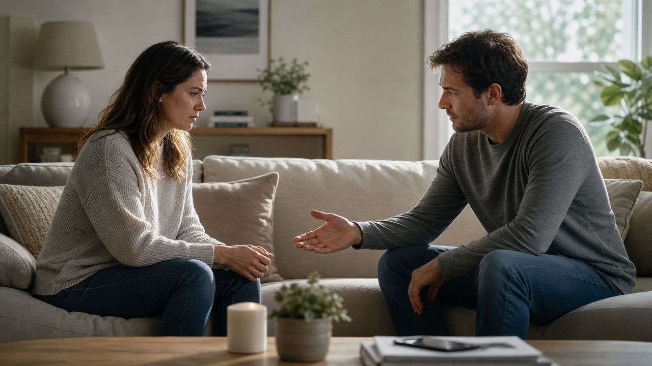 A couple sitting on a couch in a living room, having a serious and emotional conversation.