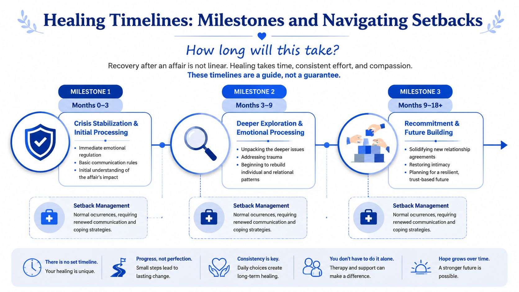 A visual timeline outlining the three key stages and milestones for healing after an affair in relationships.