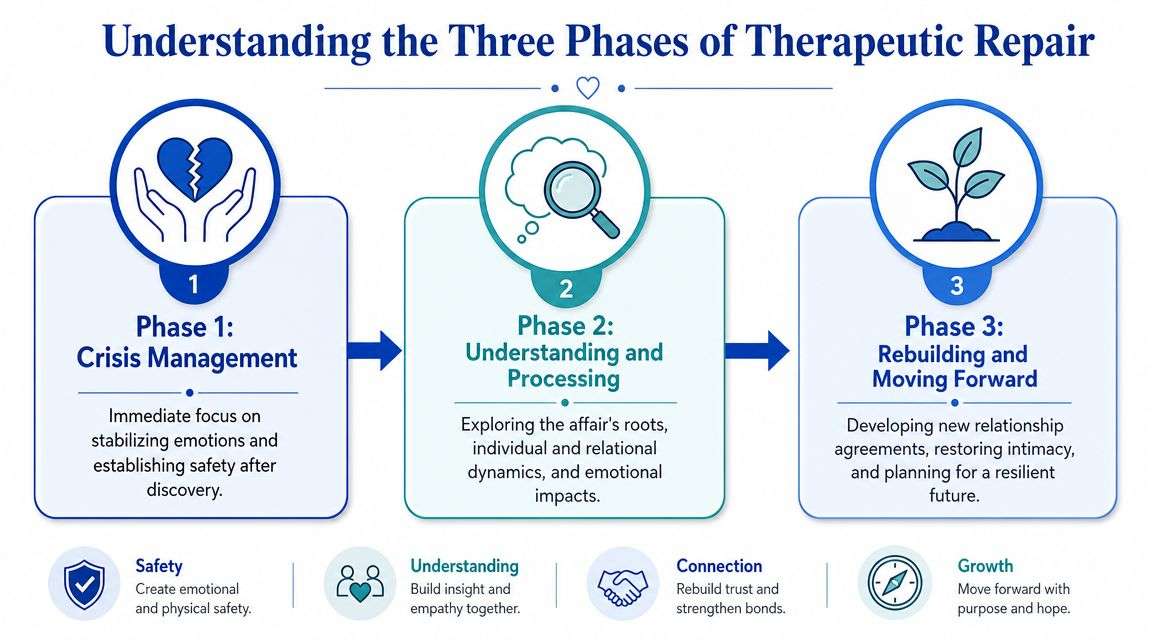 A diagram outlining the three phases of therapeutic repair for couples recovering after an affair discovery.