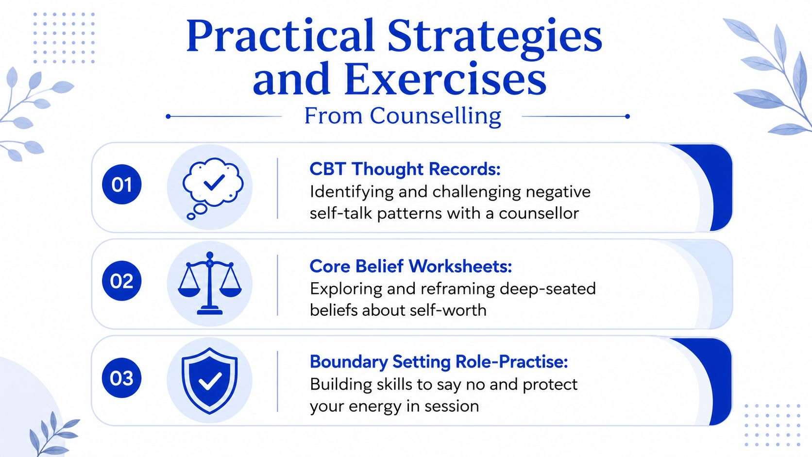 A list of three practical counselling strategies including CBT thought records, core belief worksheets, and boundary setting.