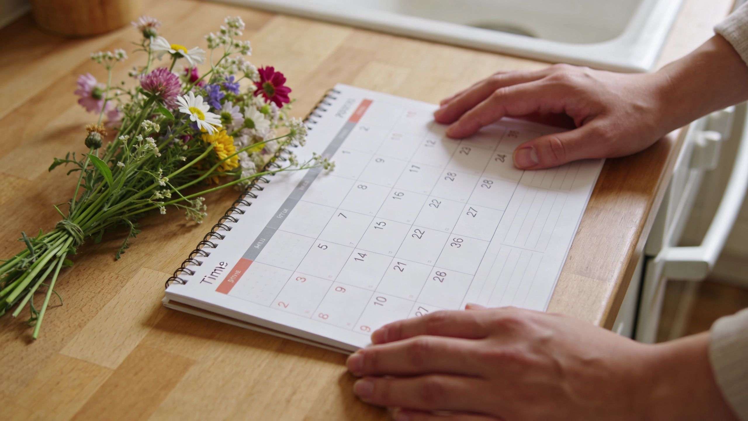 A person looking at a desk calendar next to a small bouquet of wildflowers on a kitchen counter.