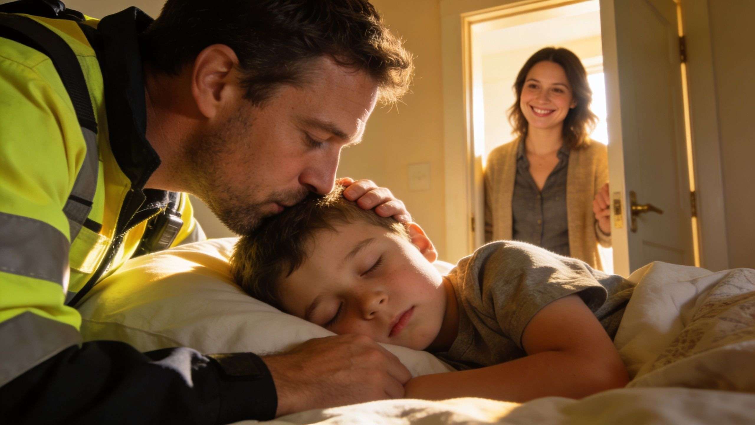 A father in a work uniform kisses his young son sleeping in bed as a mother watches.