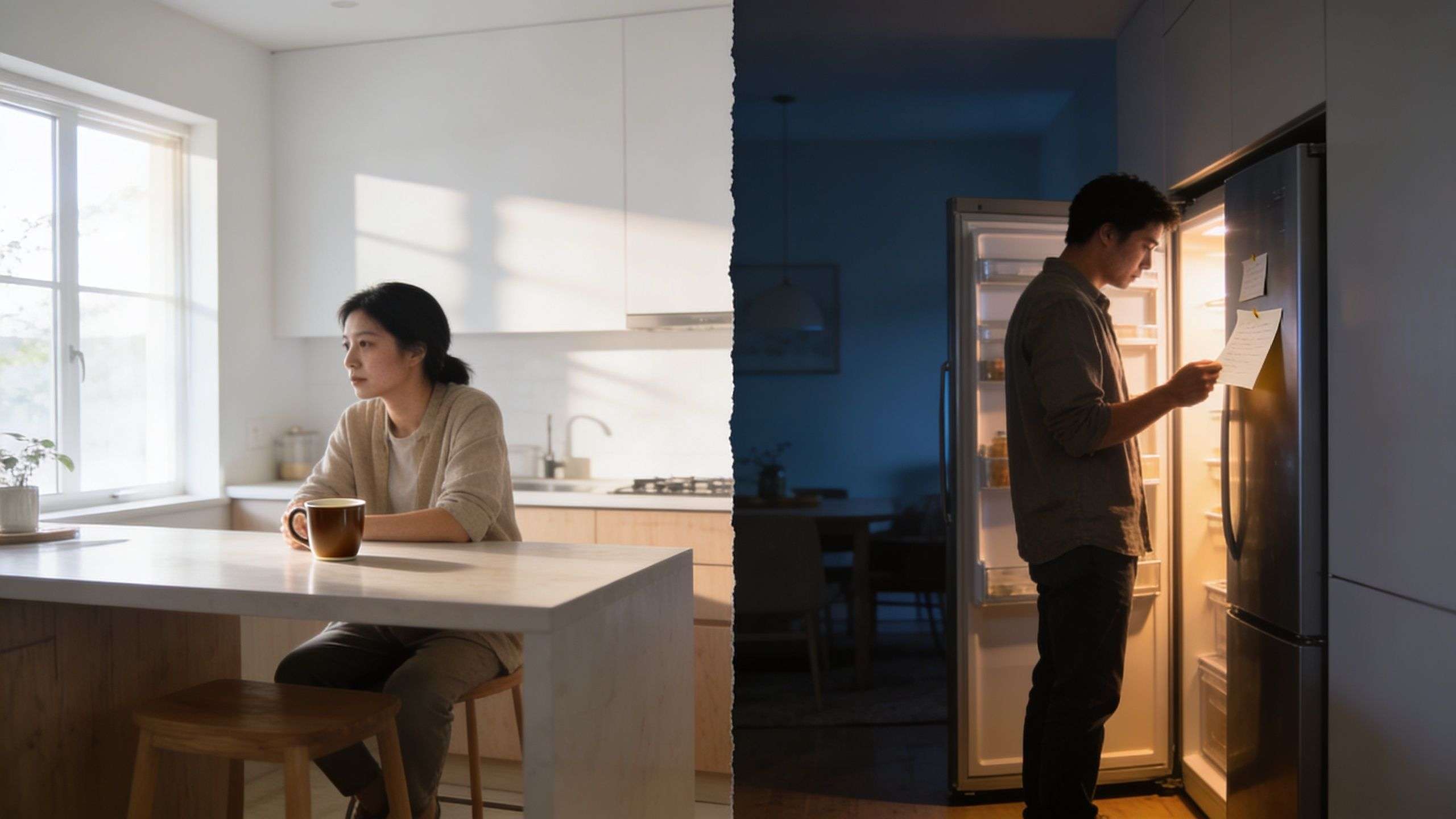 A split-screen image showing a wife sitting alone in a sunlit kitchen and a husband looking inside a refrigerator at night.