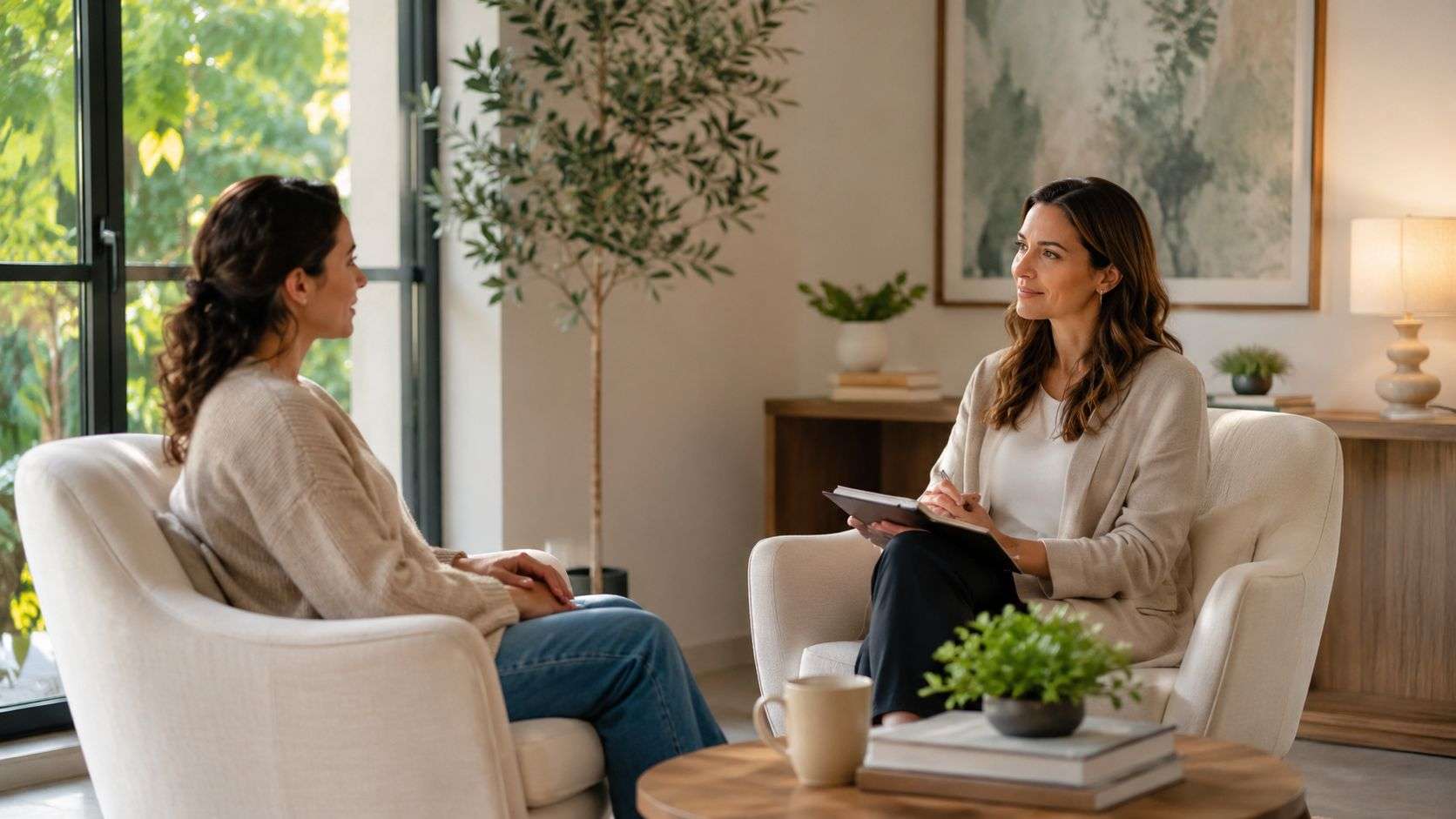 A professional therapist holds a session with a patient in a warm and comfortable office setting.
