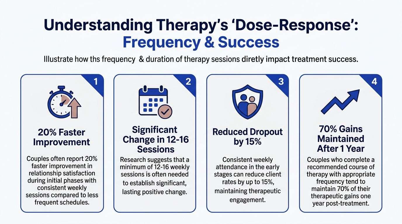 An infographic showing how weekly therapy session frequency and duration improve relationship satisfaction and long-term treatment success.