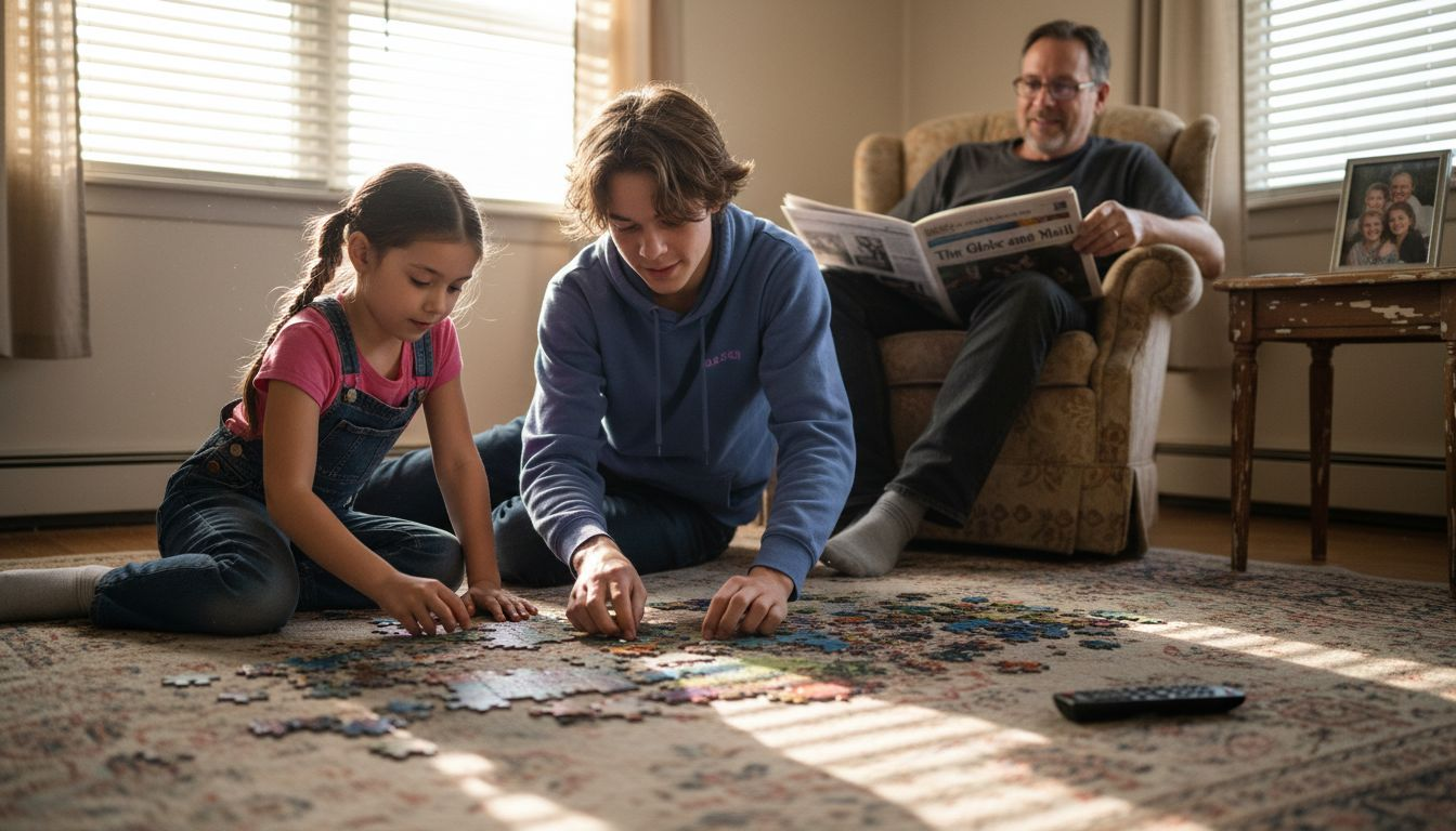 Siblings working on puzzle with parent nearby