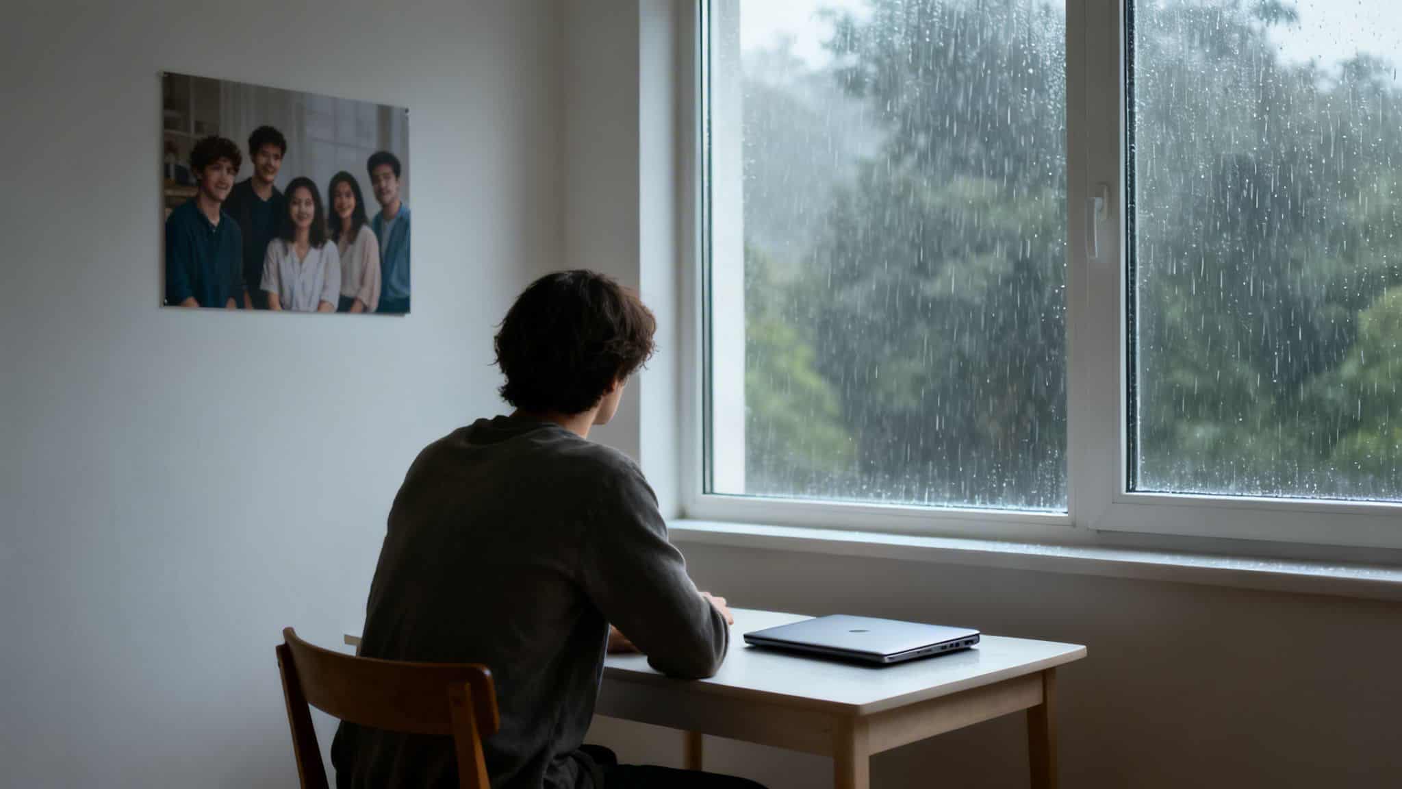 A person sits at a desk, looking out a window at a rainy day, with a photo on the wall.