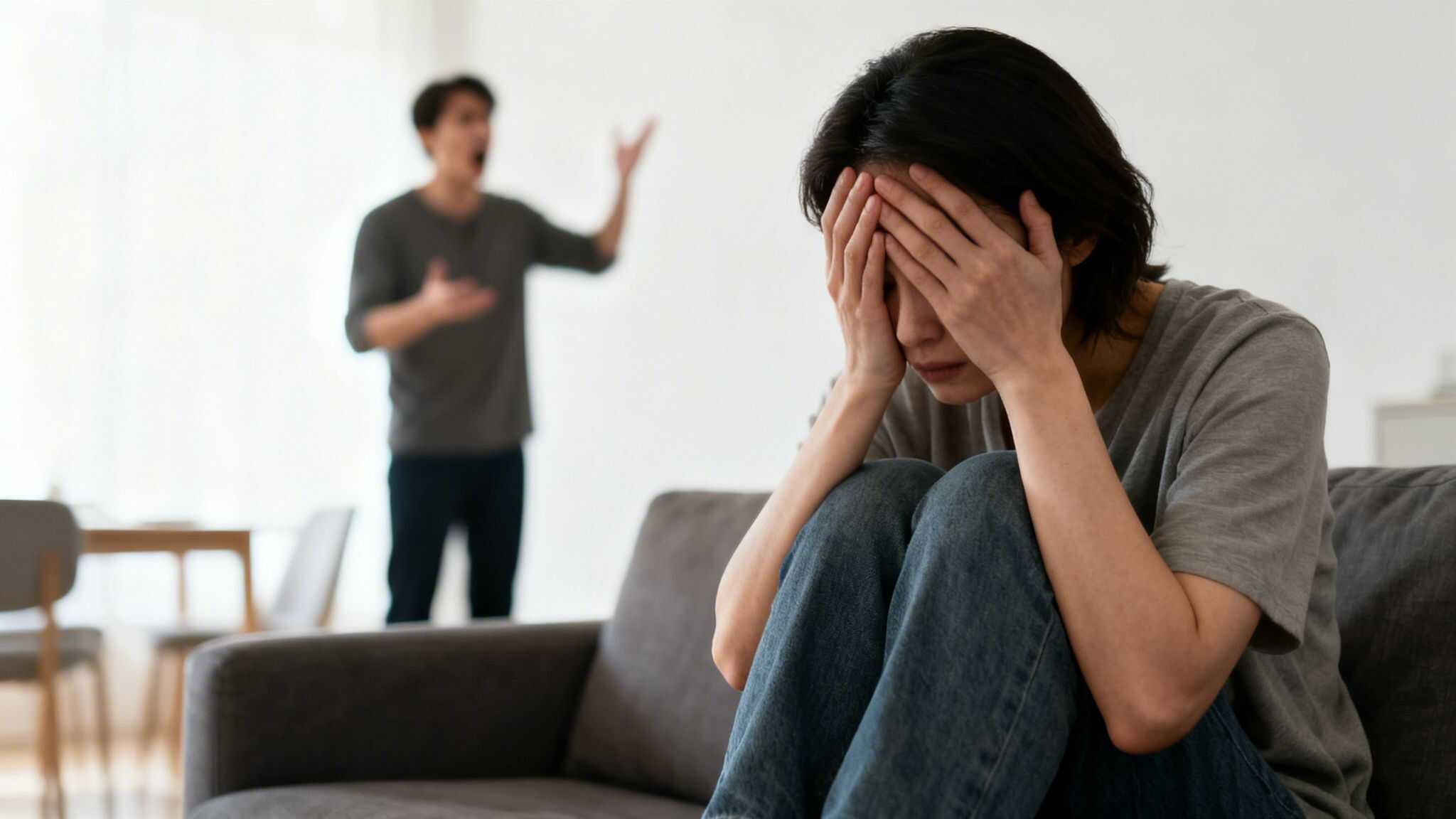 A distressed woman covers her face on a couch while a man shouts in the background, depicting relationship conflict.