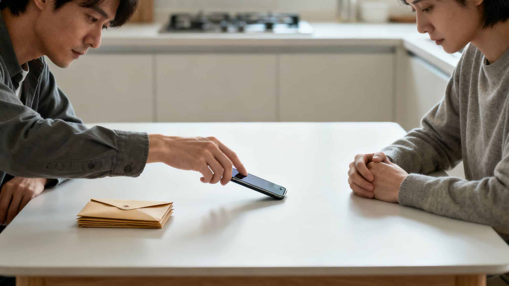 Two individuals sit at a table; a man touches his smartphone, while a woman looks contemplative, suggesting relationship issues.