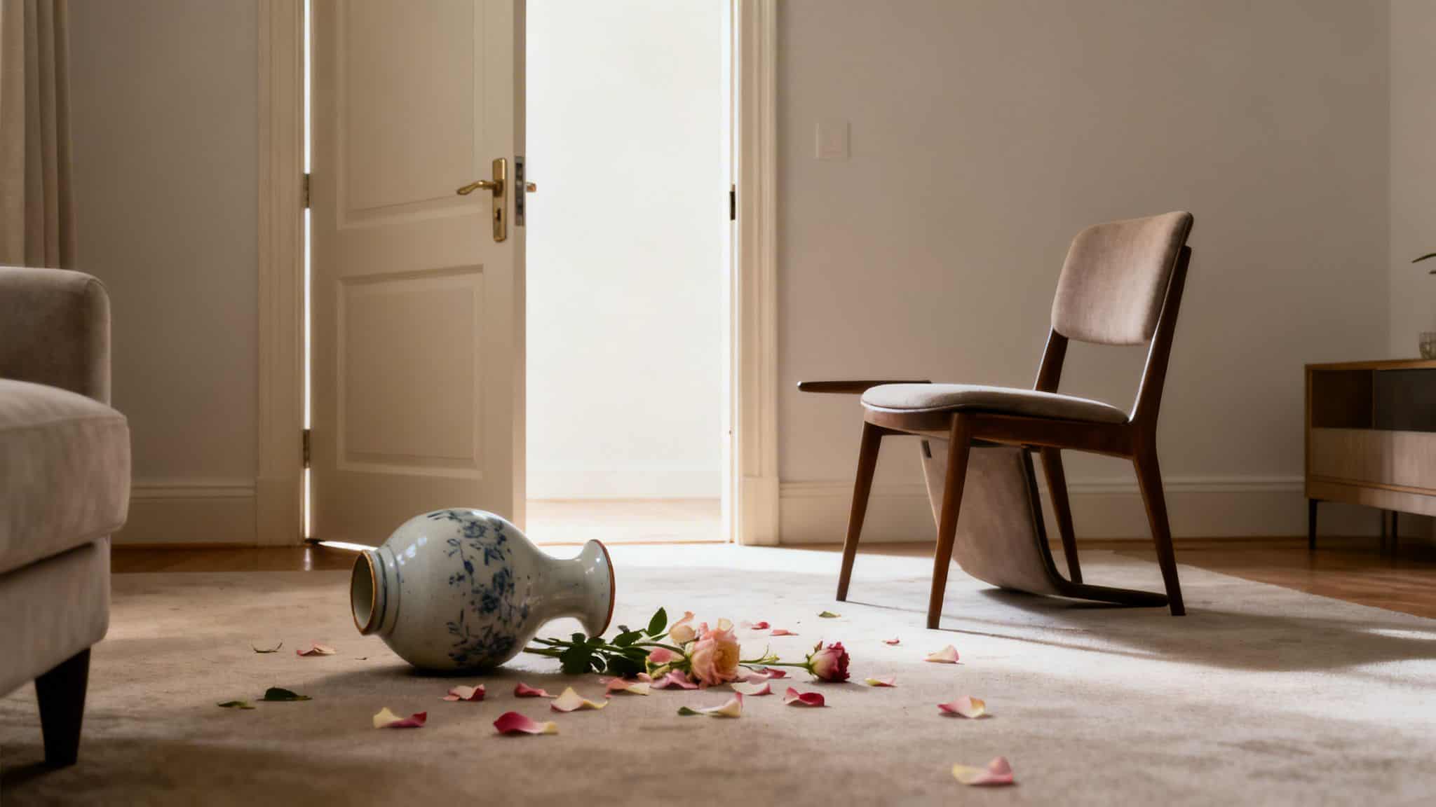 An overturned vase and scattered rose petals on a light carpet, suggesting an accident or strong emotion.