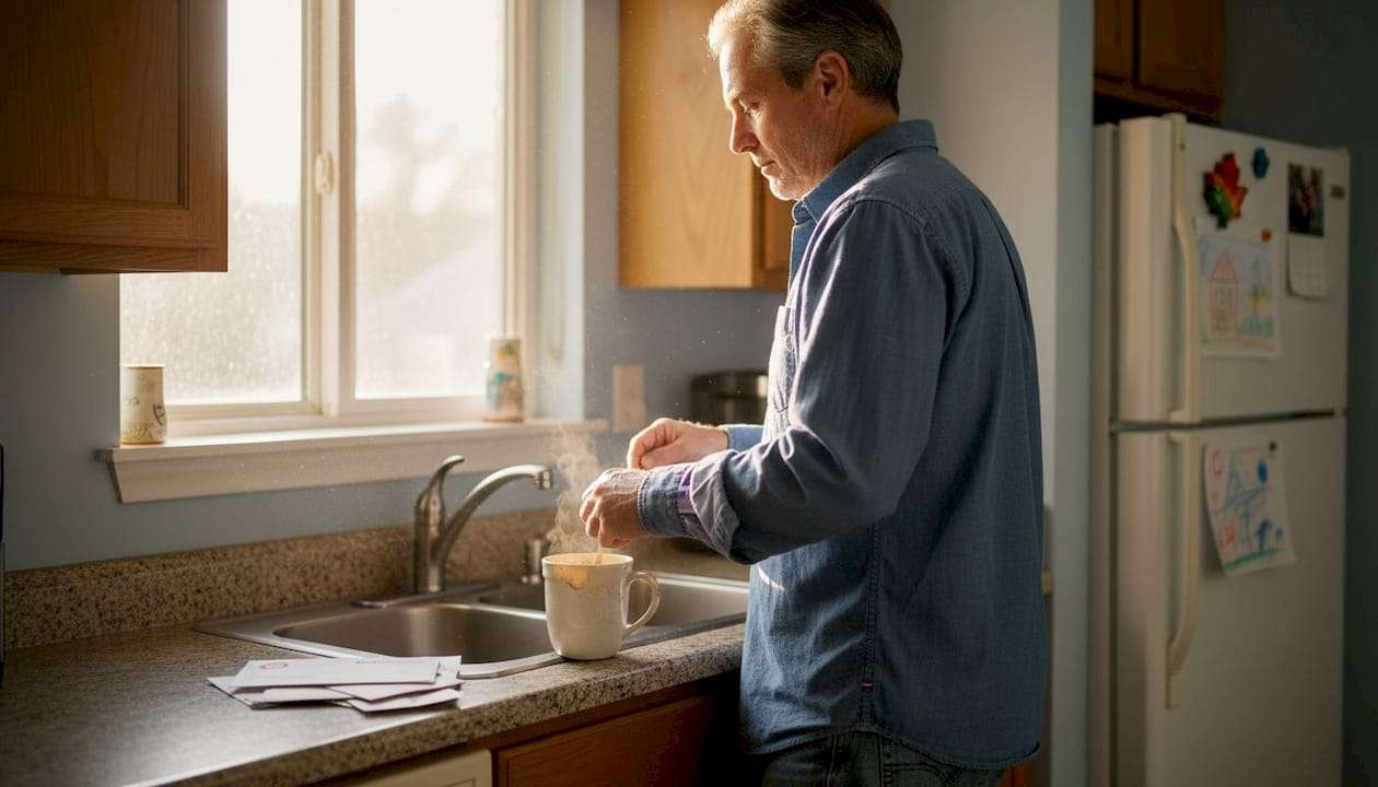 Single parent reflecting in quiet kitchen