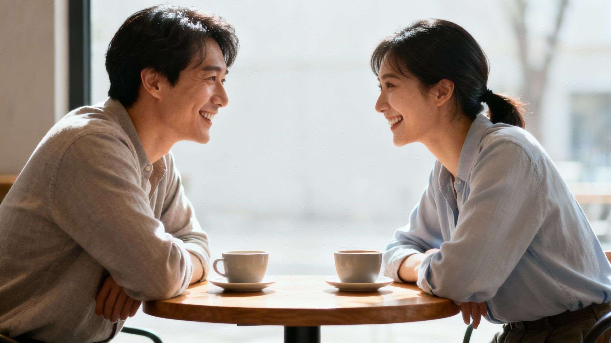 Smiling Asian couple on a coffee date, happily looking at each other in a bright cafe.