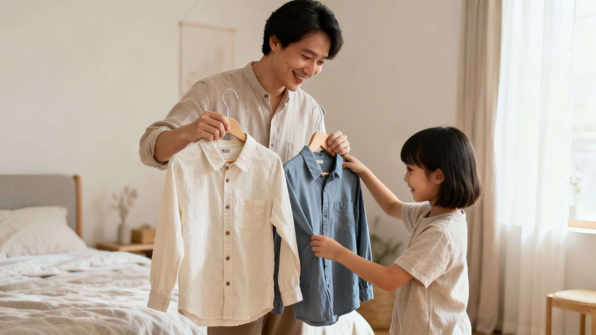 Smiling father and daughter choosing between a white and blue shirt in a bright bedroom.