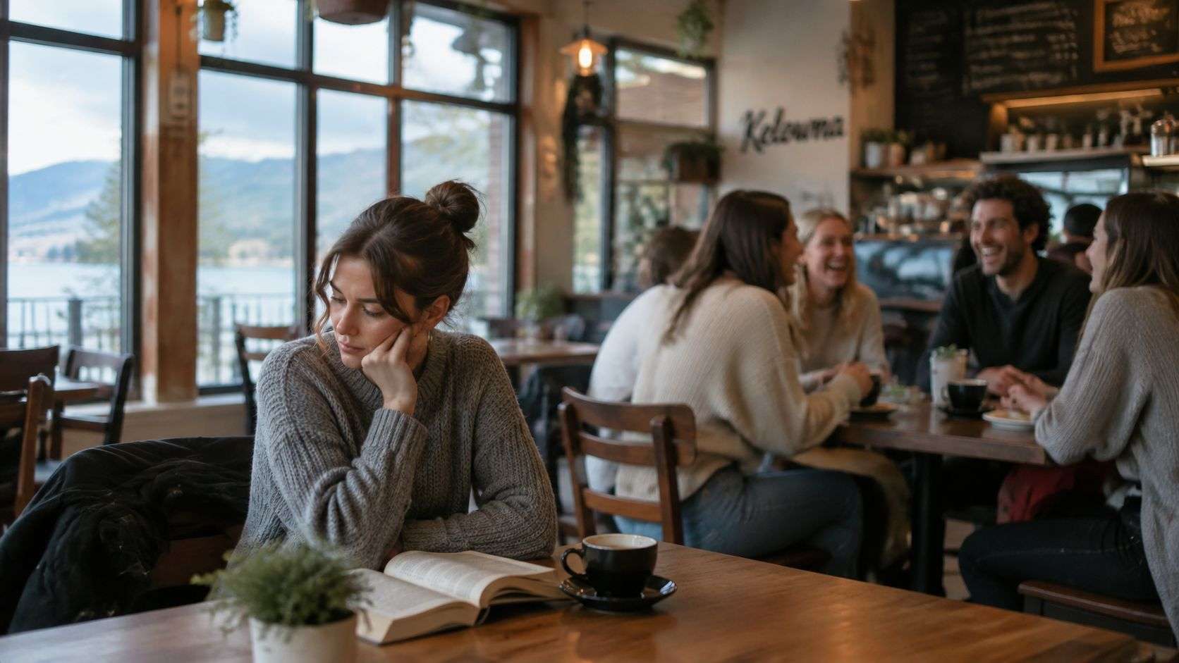 A young woman sits alone at a table reading, feeling socially anxious while others socialize nearby.