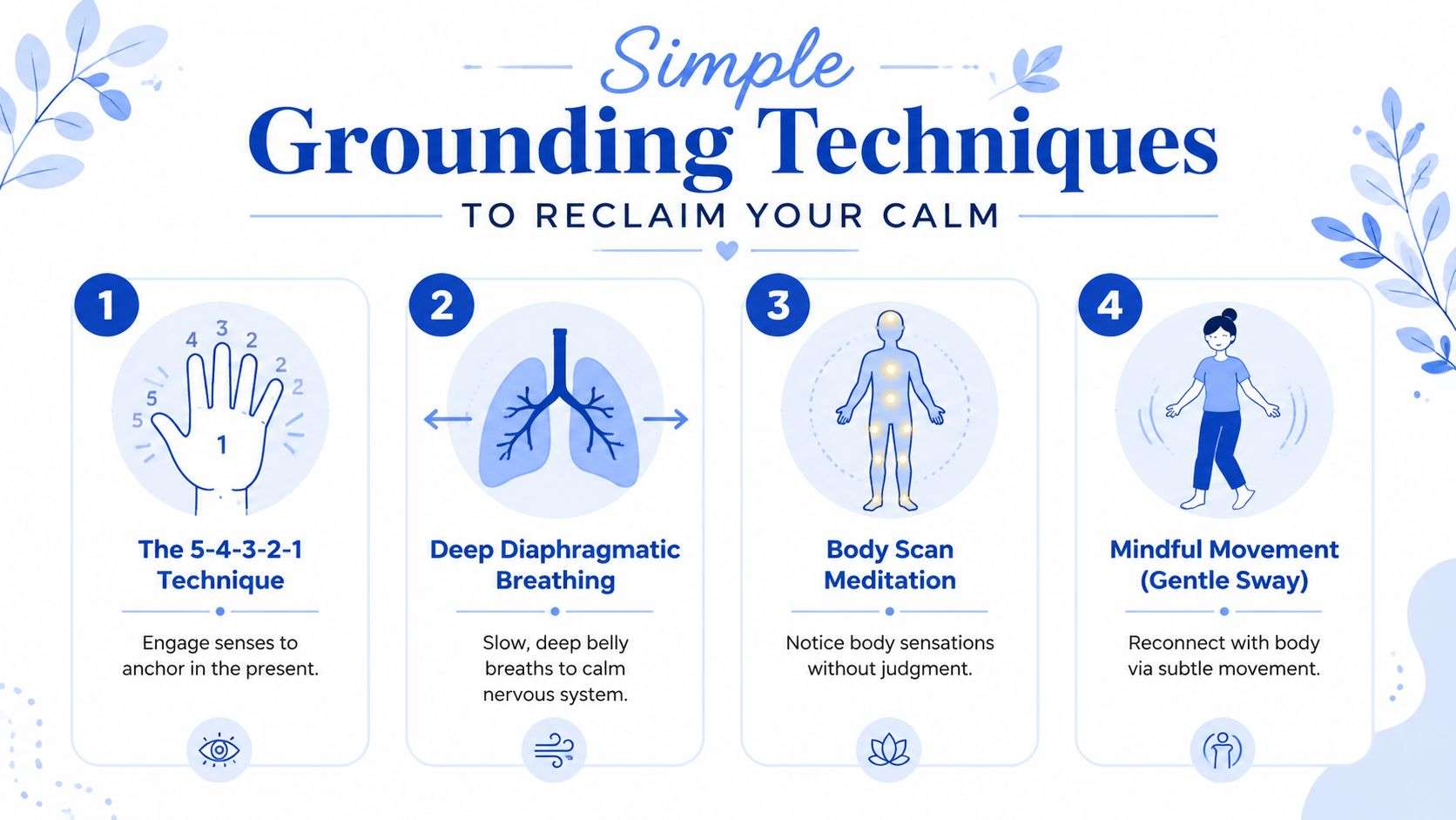 An infographic titled Simple Grounding Techniques displaying four methods to help reclaim your inner calm and stability.