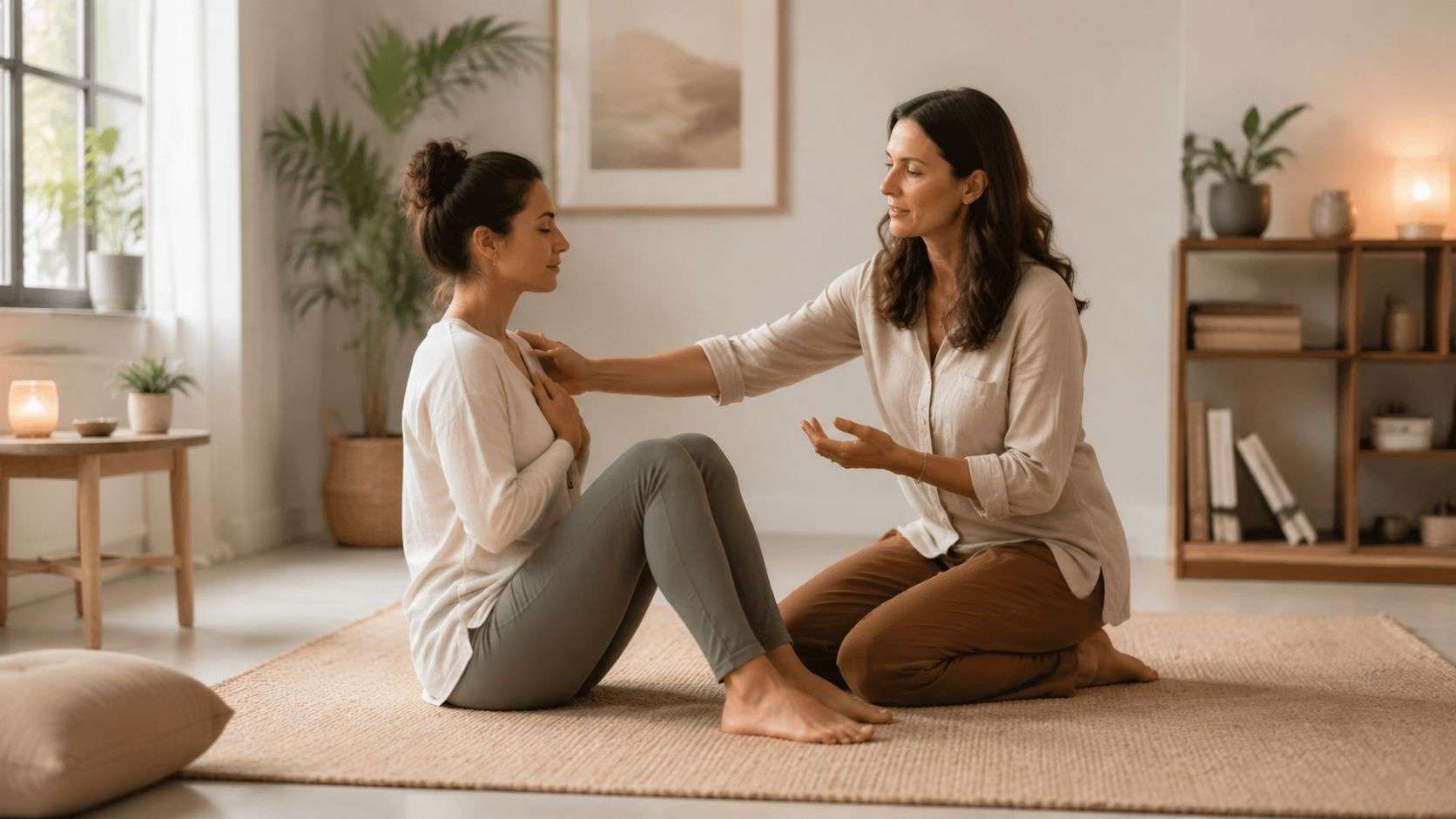 A professional somatic therapist gently guides a woman during a healing session on a floor mat.