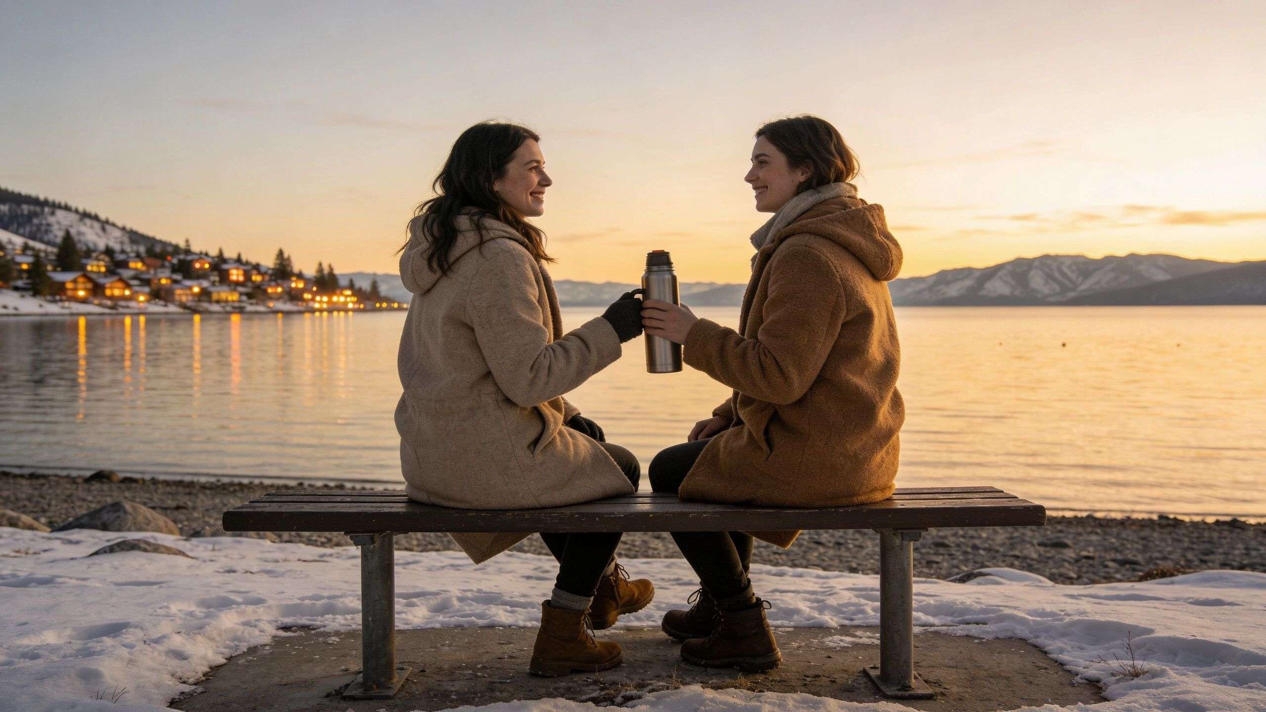 Two women sitting on a bench by a lake holding a thermos at sunset in winter.