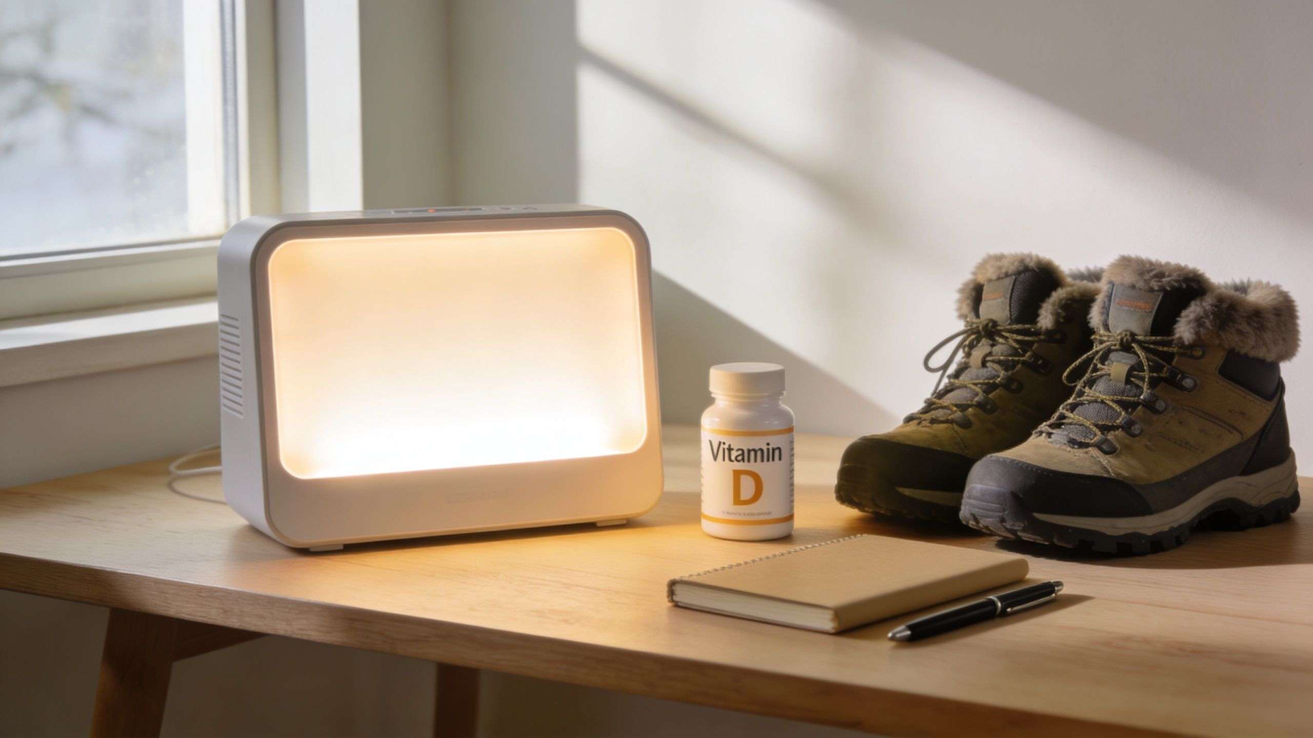 A light therapy lamp next to a vitamin D bottle, a notebook, and winter boots on a table.