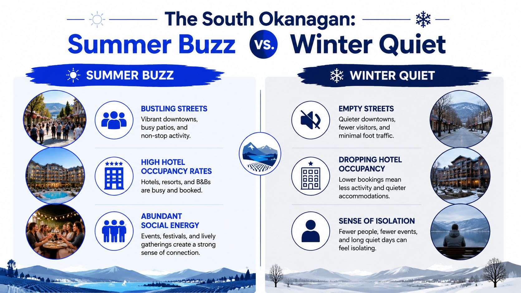 A comparison infographic showing the contrast between bustling summer tourist activity and quiet winter isolation in South Okanagan.