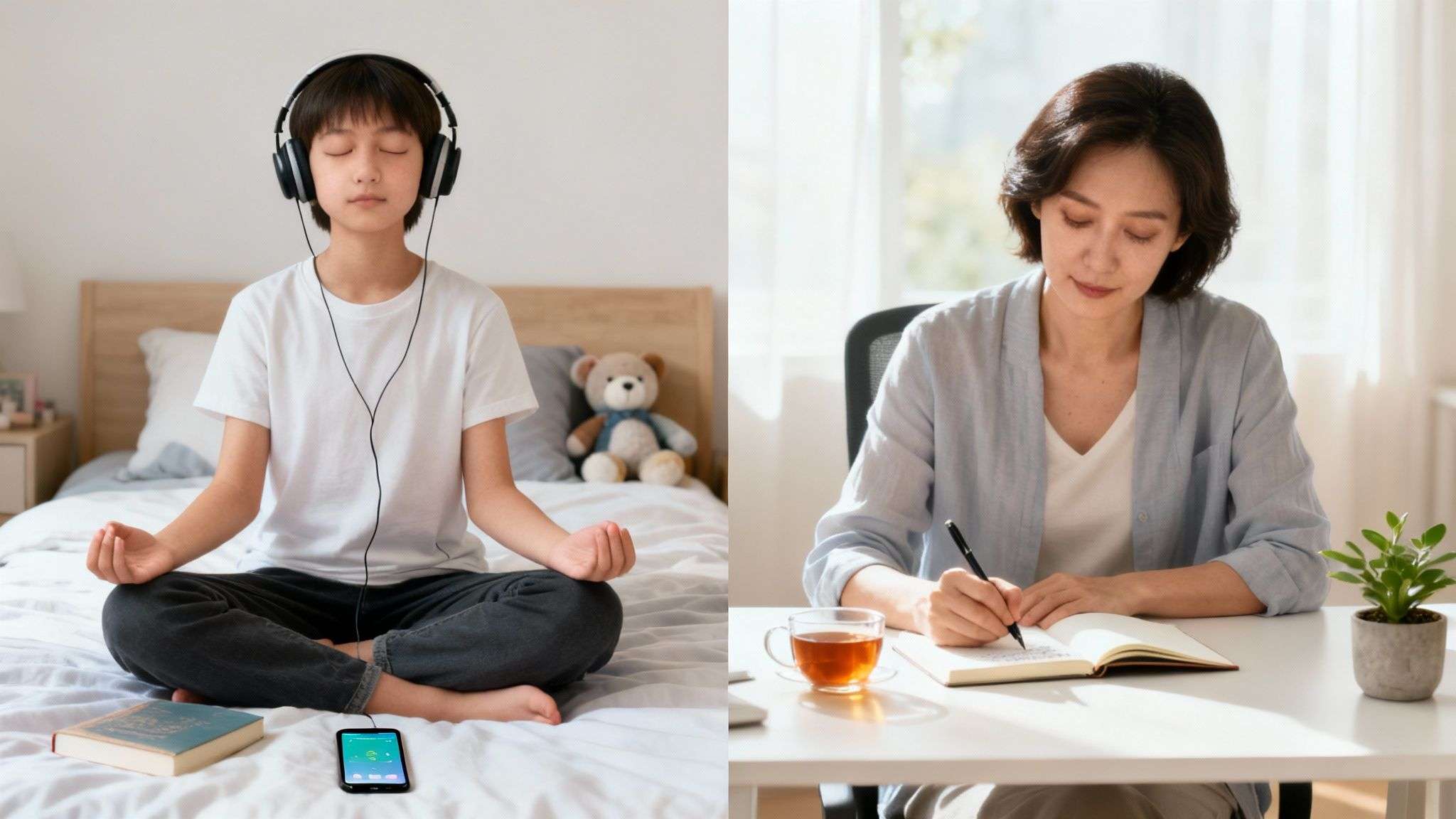 Split image showing a teen meditating with headphones and an adult woman journaling at a desk.