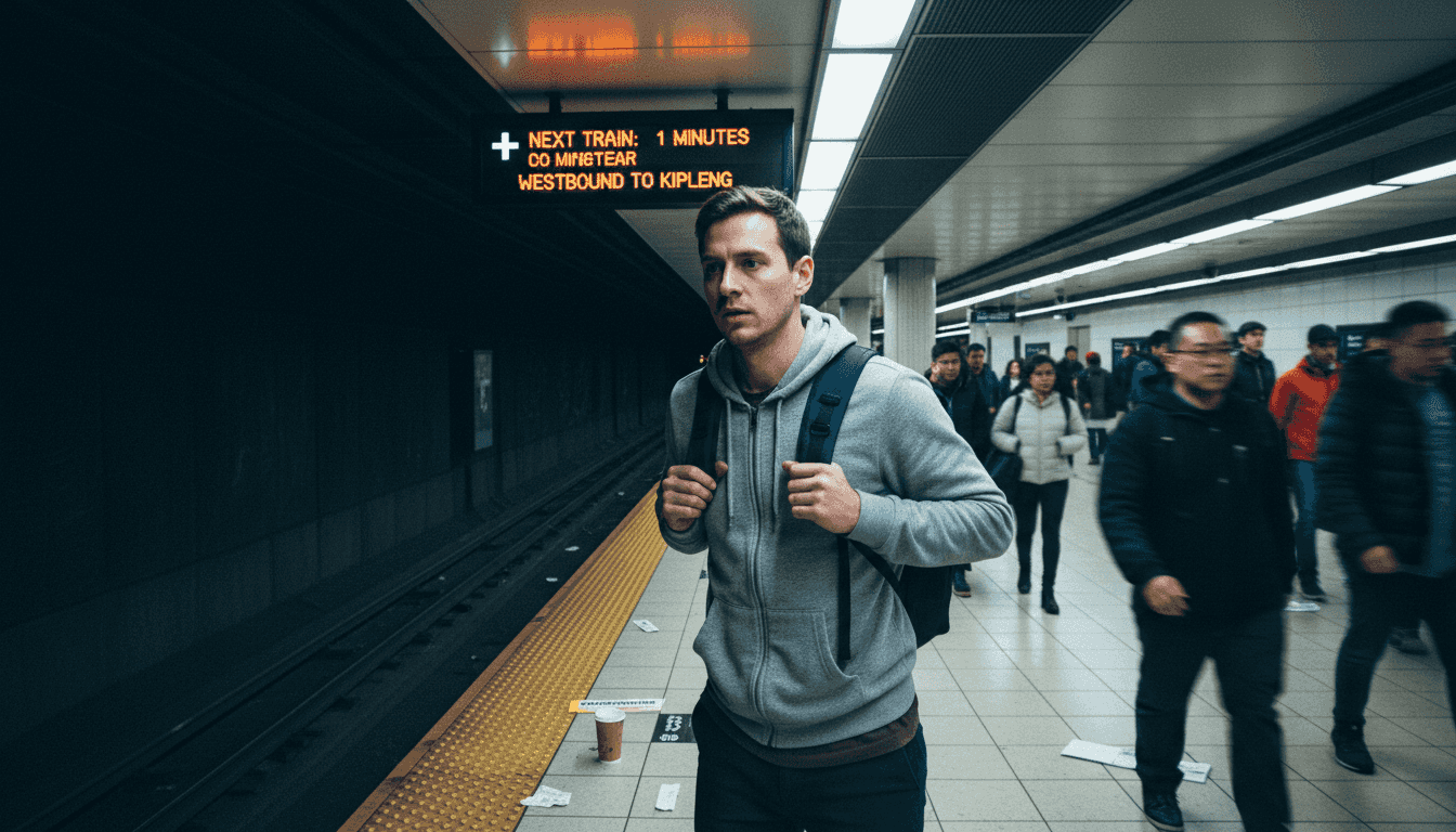 Stressed man gripping backpack on busy subway