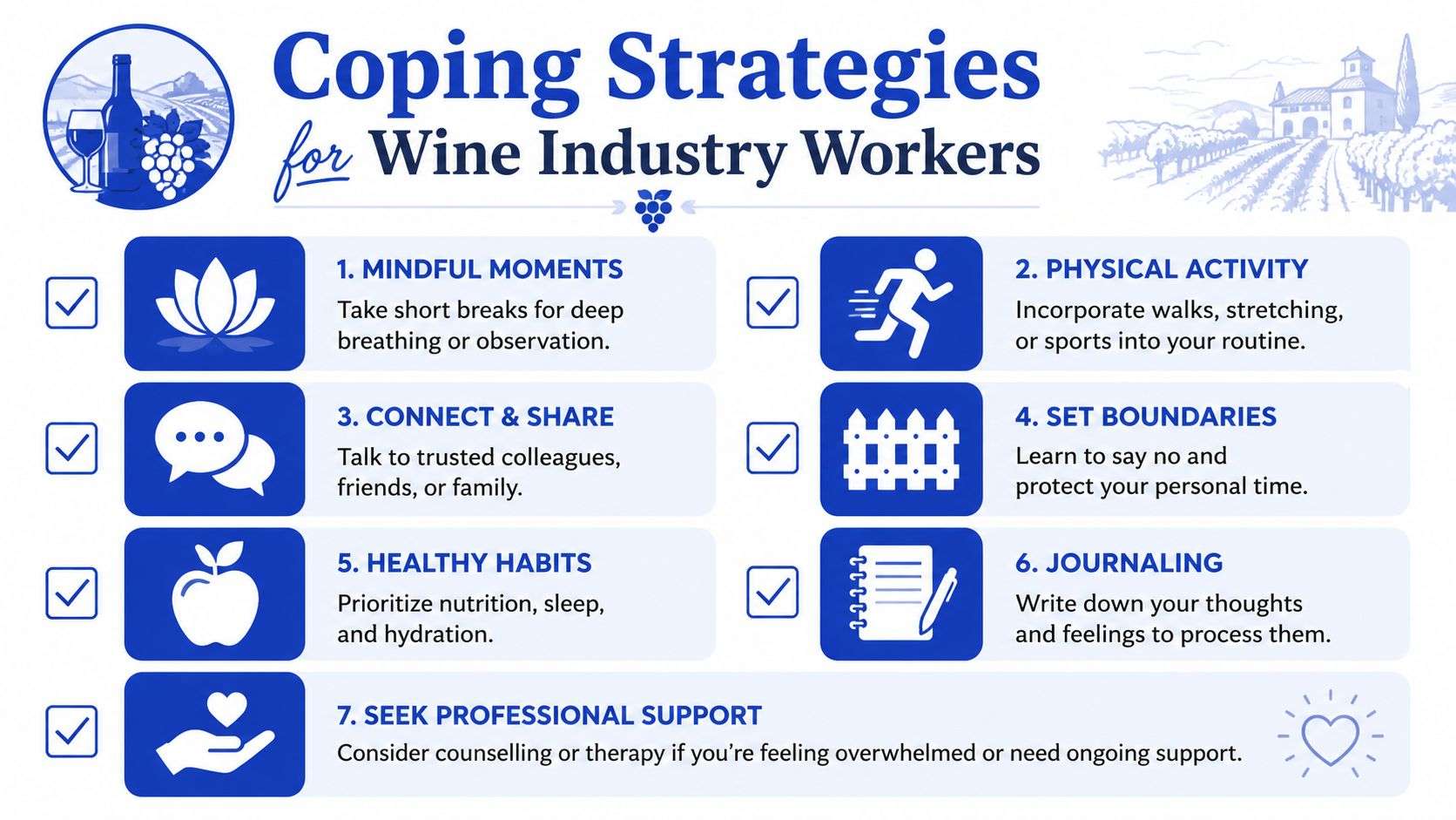 An infographic listing seven effective mental health coping strategies tailored for professionals working within the wine industry.