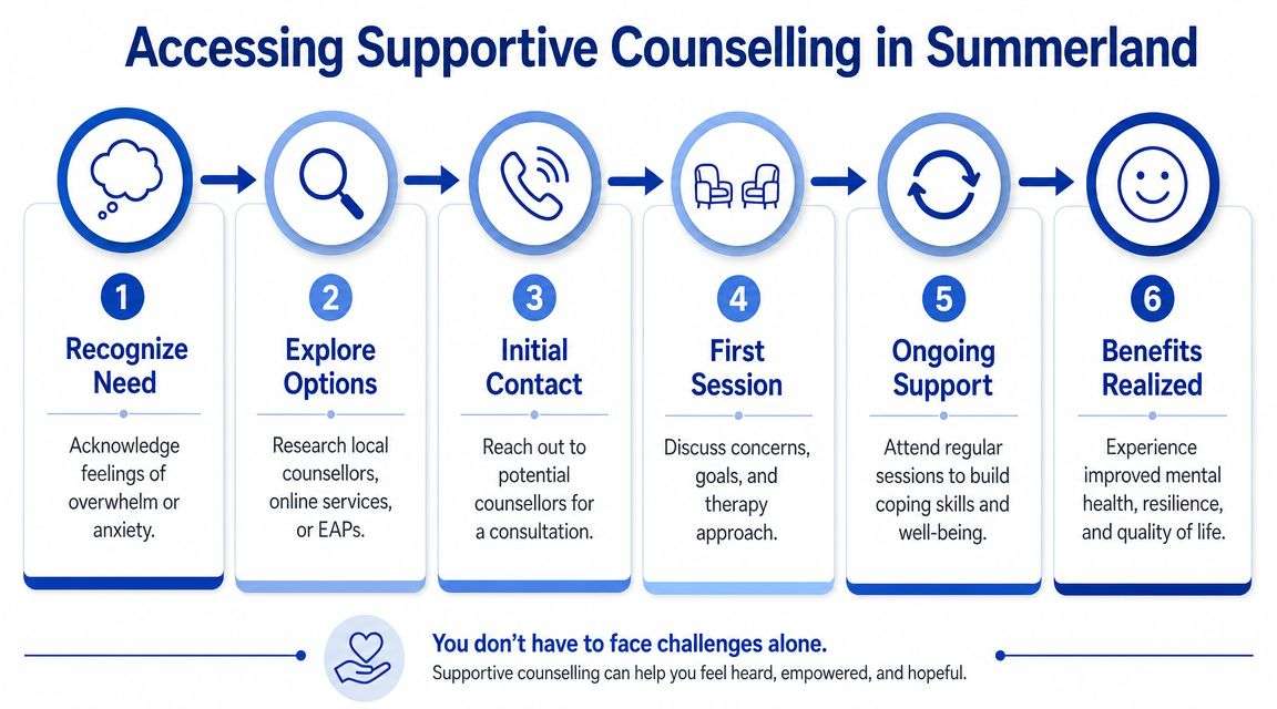 A six-step infographic showing the process of accessing supportive counselling services in the town of Summerland.