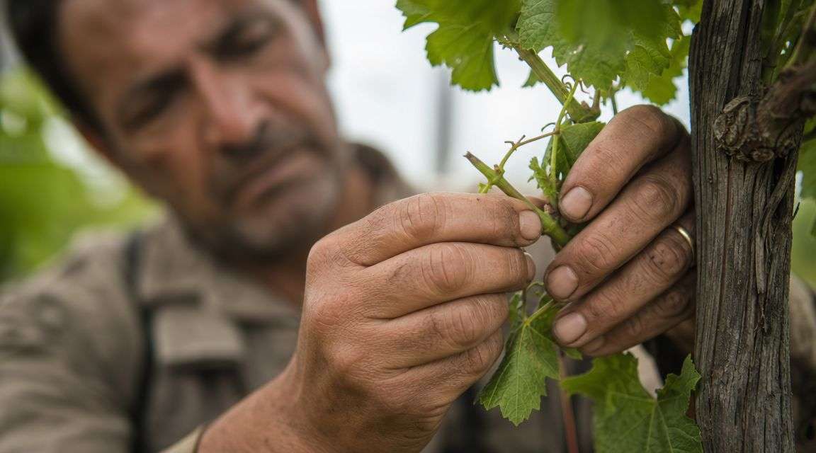 A middle-aged man carefully tending to grapevine leaves in a vineyard during his daily agricultural work.