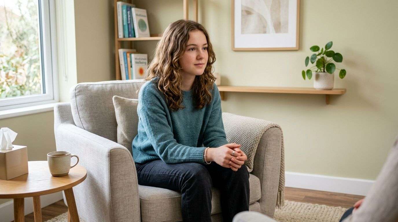 A young girl with wavy brown hair sitting in a comfortable armchair during a professional counselling session.
