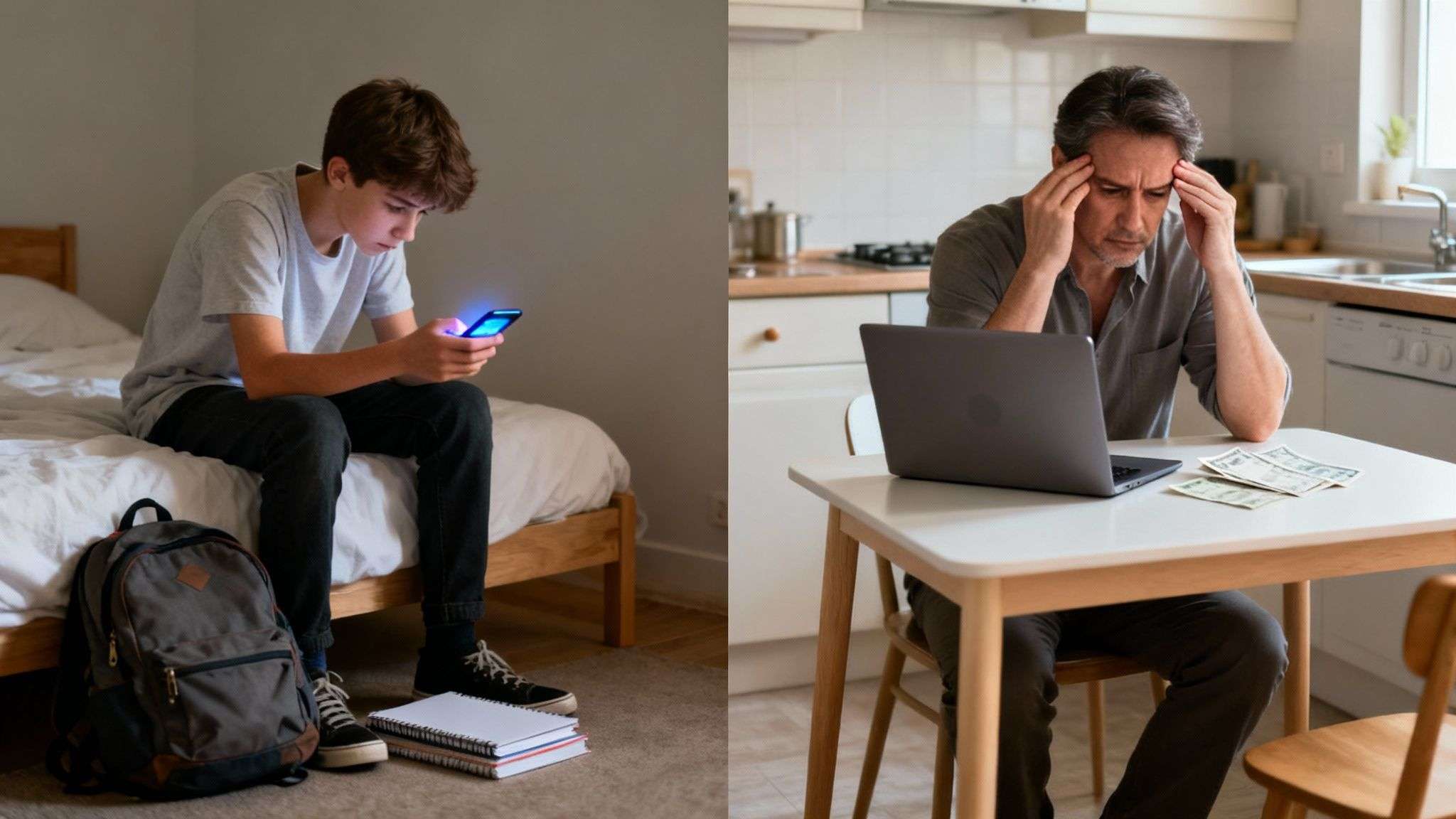 Teenager absorbed in phone on bed, contrasted with stressed man reviewing finances on laptop.