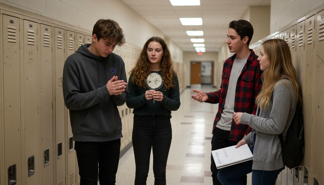 Teens socializing by lockers high school hallway