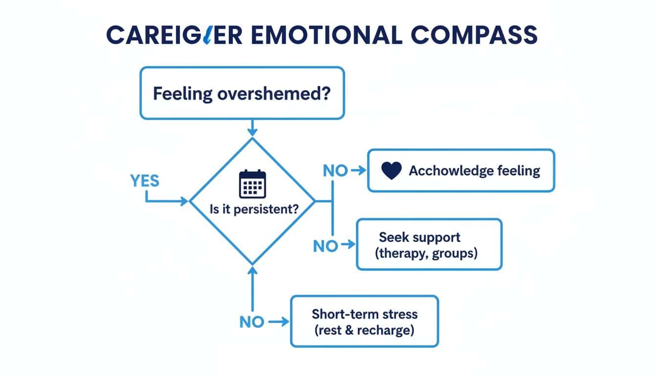 Flowchart for caregivers addressing feelings of overwhelm, offering paths for self-care and seeking support.