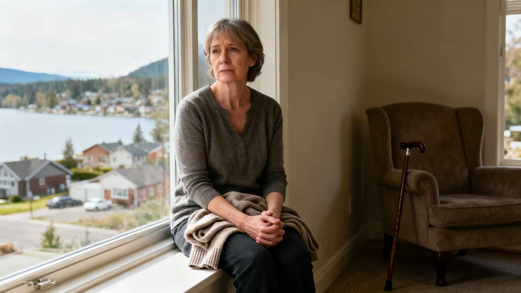 A thoughtful elderly woman sits by a window, looking out at a lakeside town, a walking stick nearby.