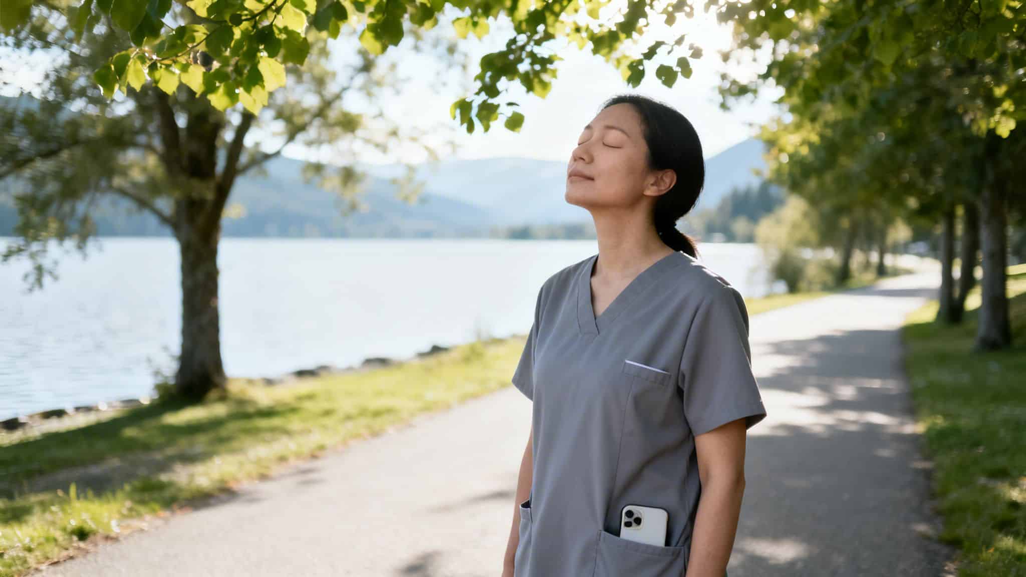 A healthcare worker in scrubs stands by a lake, eyes closed, enjoying a peaceful moment outdoors.