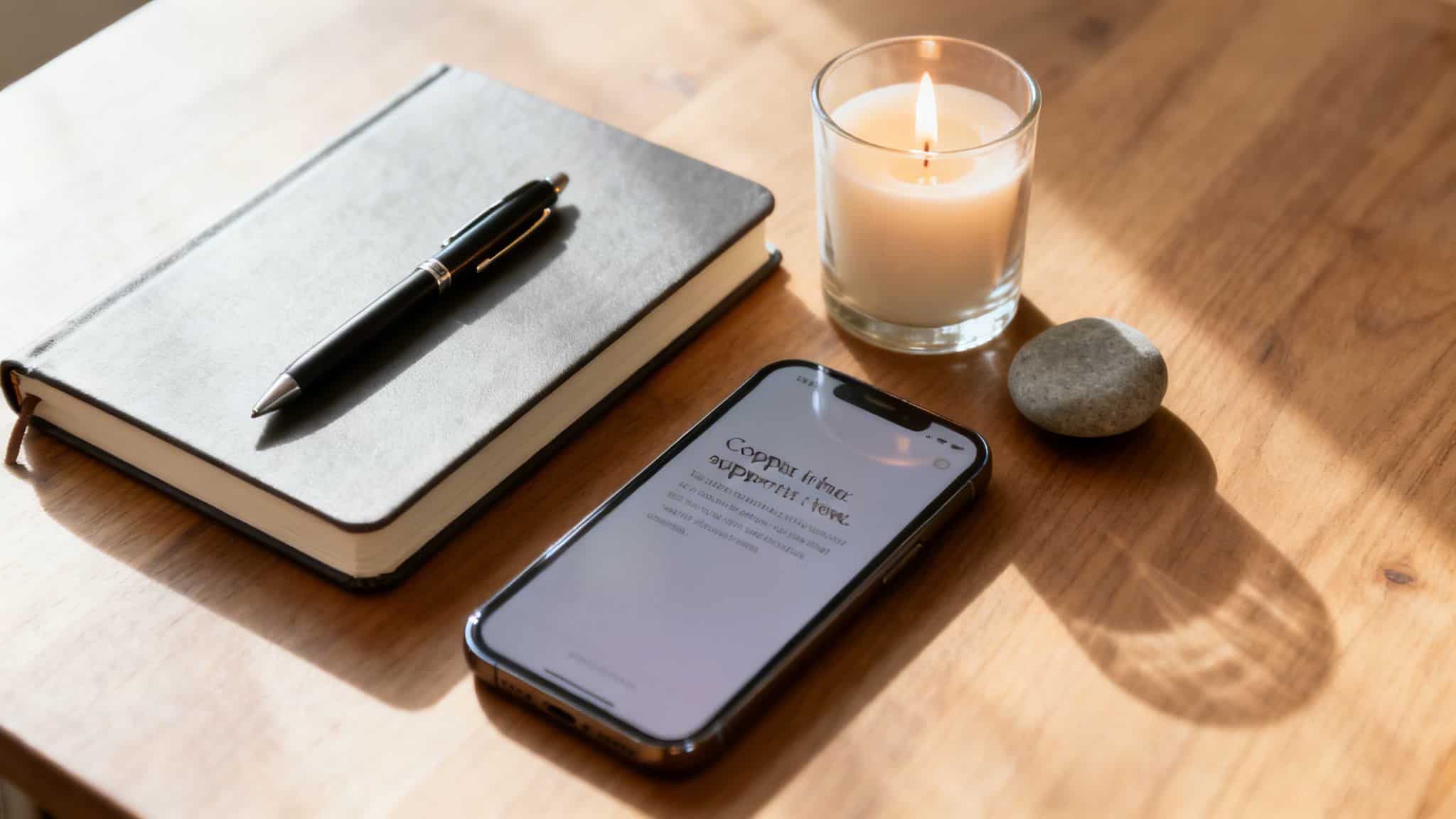 A serene flat lay of a notebook, pen, lit candle, smartphone, and stone on a sunlit wooden table.