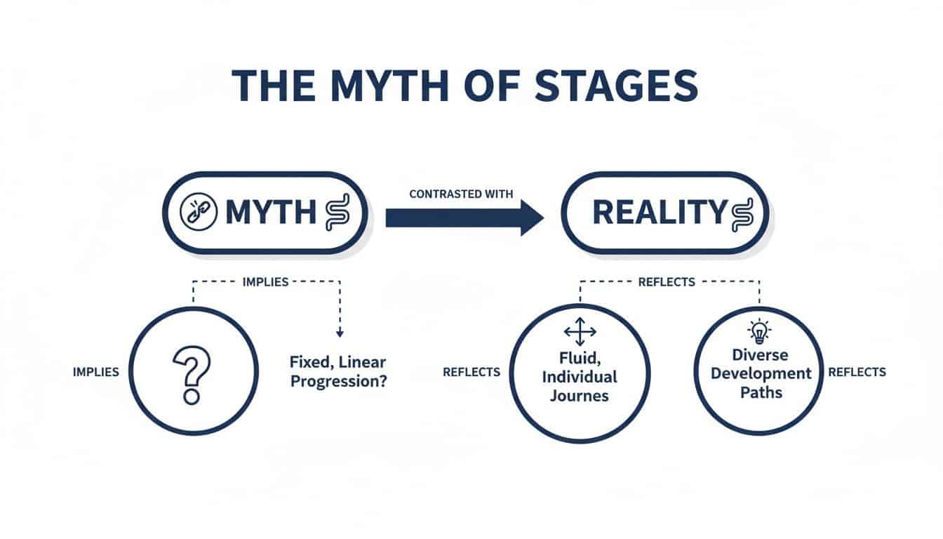 Diagram illustrating 'The Myth of Stages' contrasting fixed, linear progression with fluid, diverse development reality.