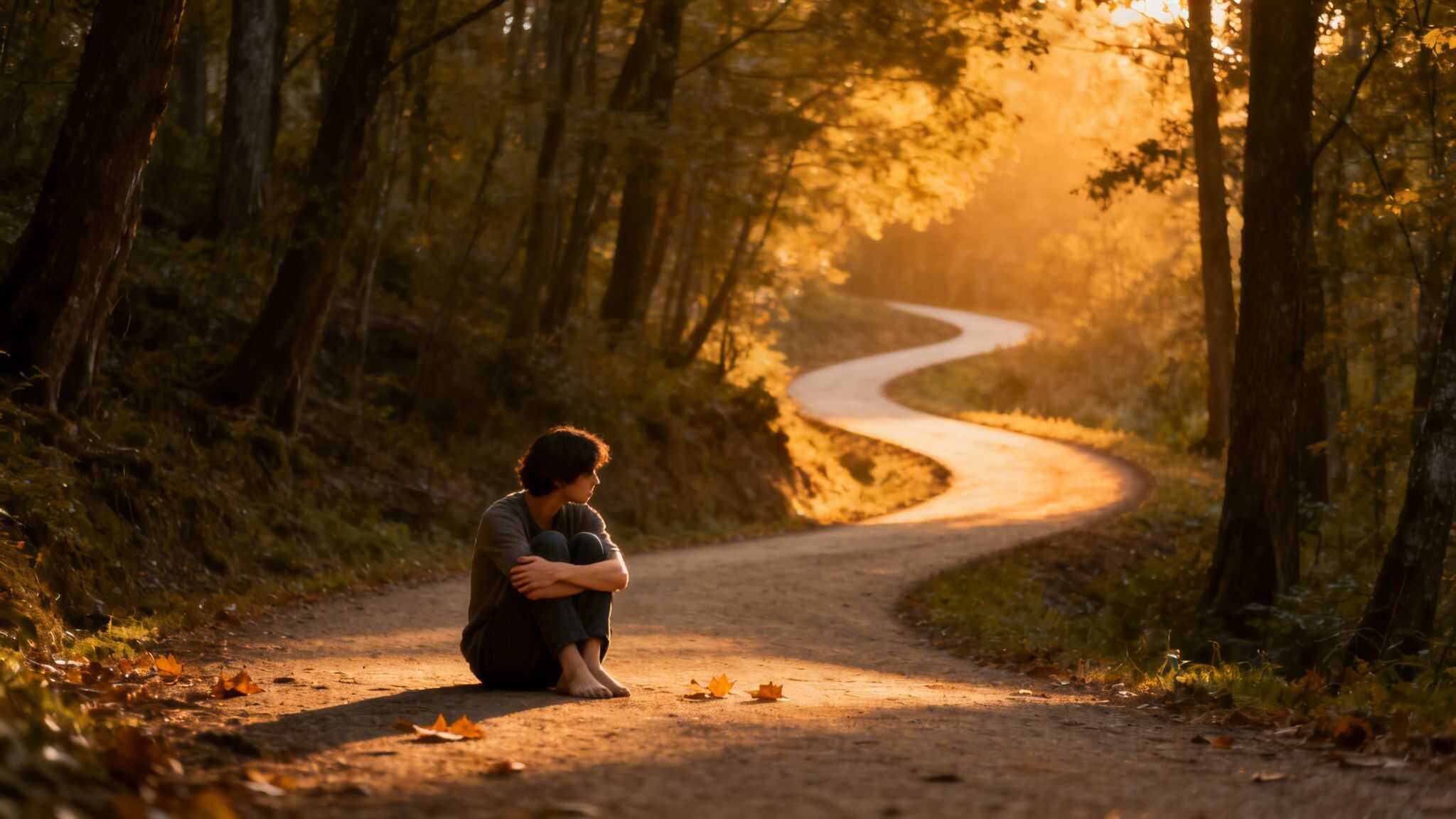 A solitary person sits barefoot on a winding forest path bathed in golden sunset light, amidst autumn leaves.