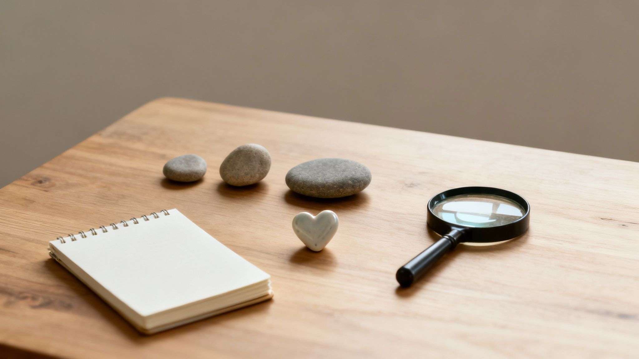 Therapy tools on a wooden table: three smooth stones, a white heart, a notepad, and a magnifying glass.