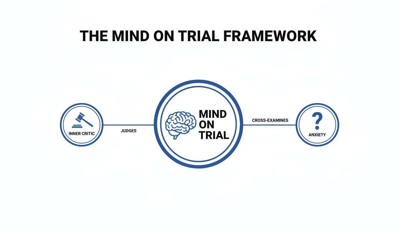 This framework visualizes the mind on trial, where the inner critic judges and the mind cross-examines anxiety.