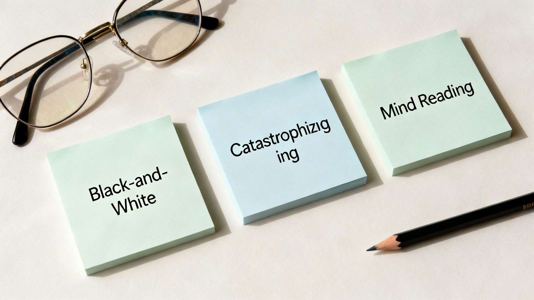 Three sticky notes displaying cognitive distortion terms: 'Black-and-White', 'Catastrophizing', 'Mind Reading', with glasses and a pencil.