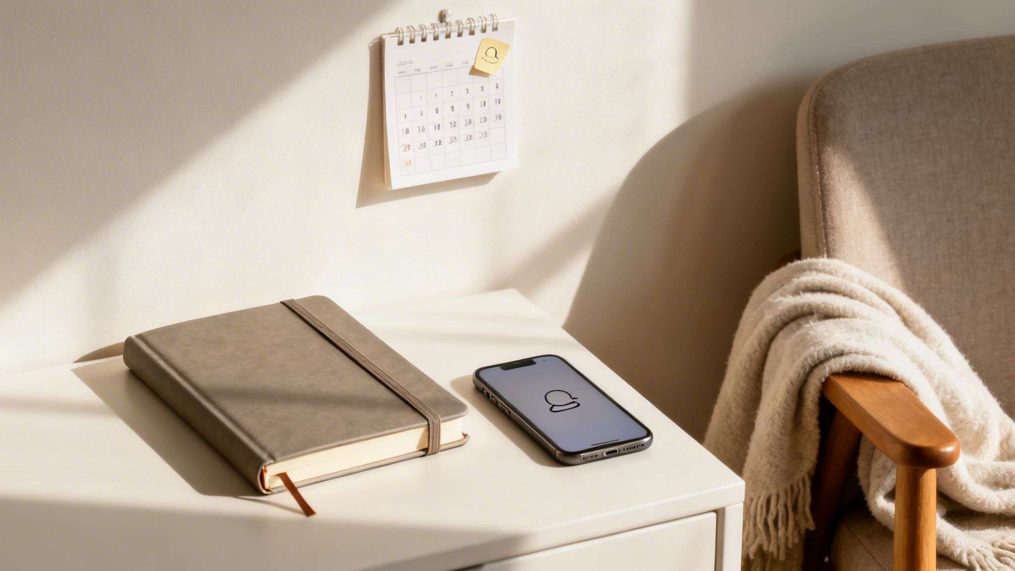 Cozy indoor scene with a journal, smartphone, calendar, and armchair with a soft blanket.