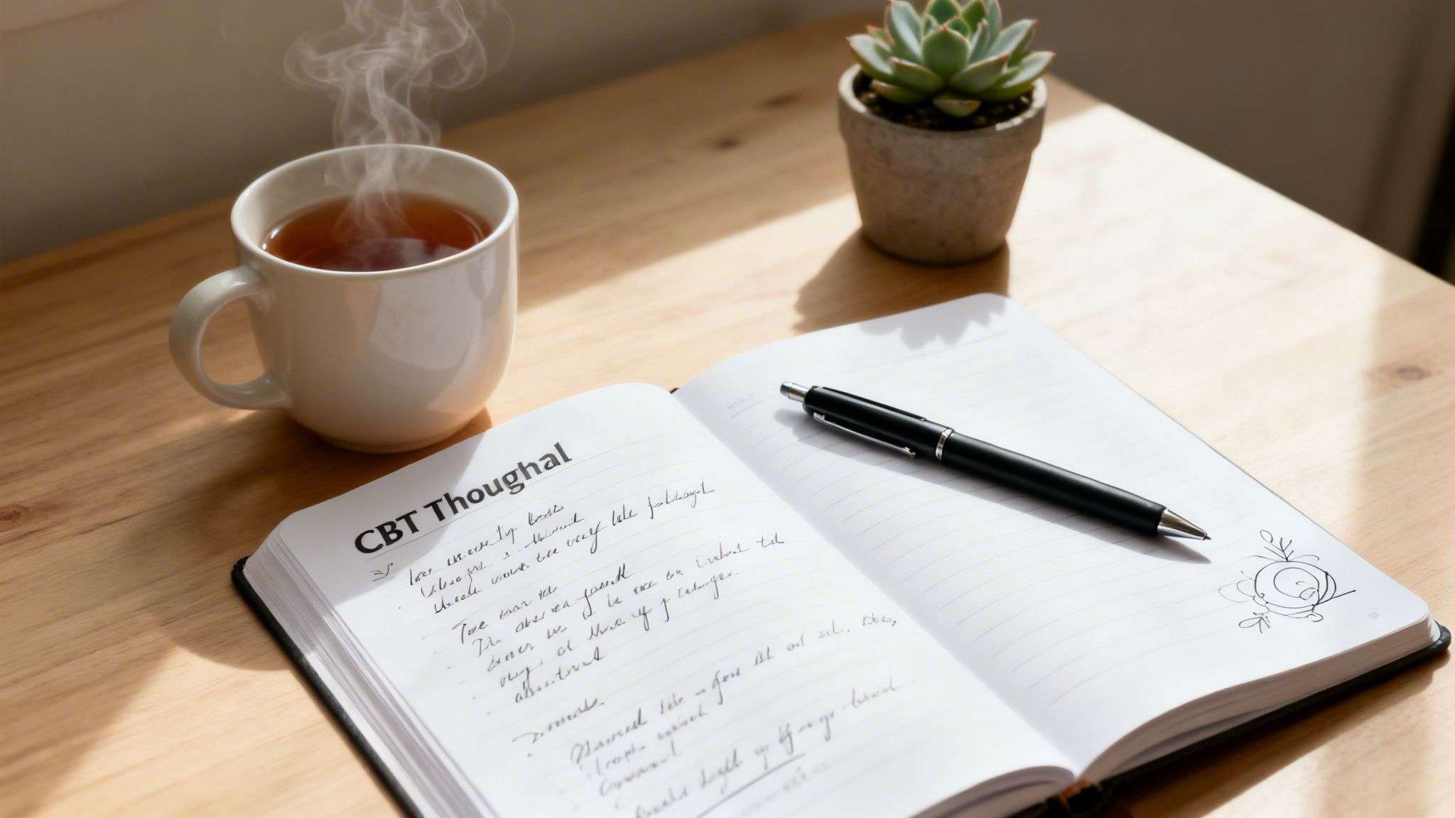 A serene desk setup with a steaming tea, a succulent plant, and an open CBT thought journal.