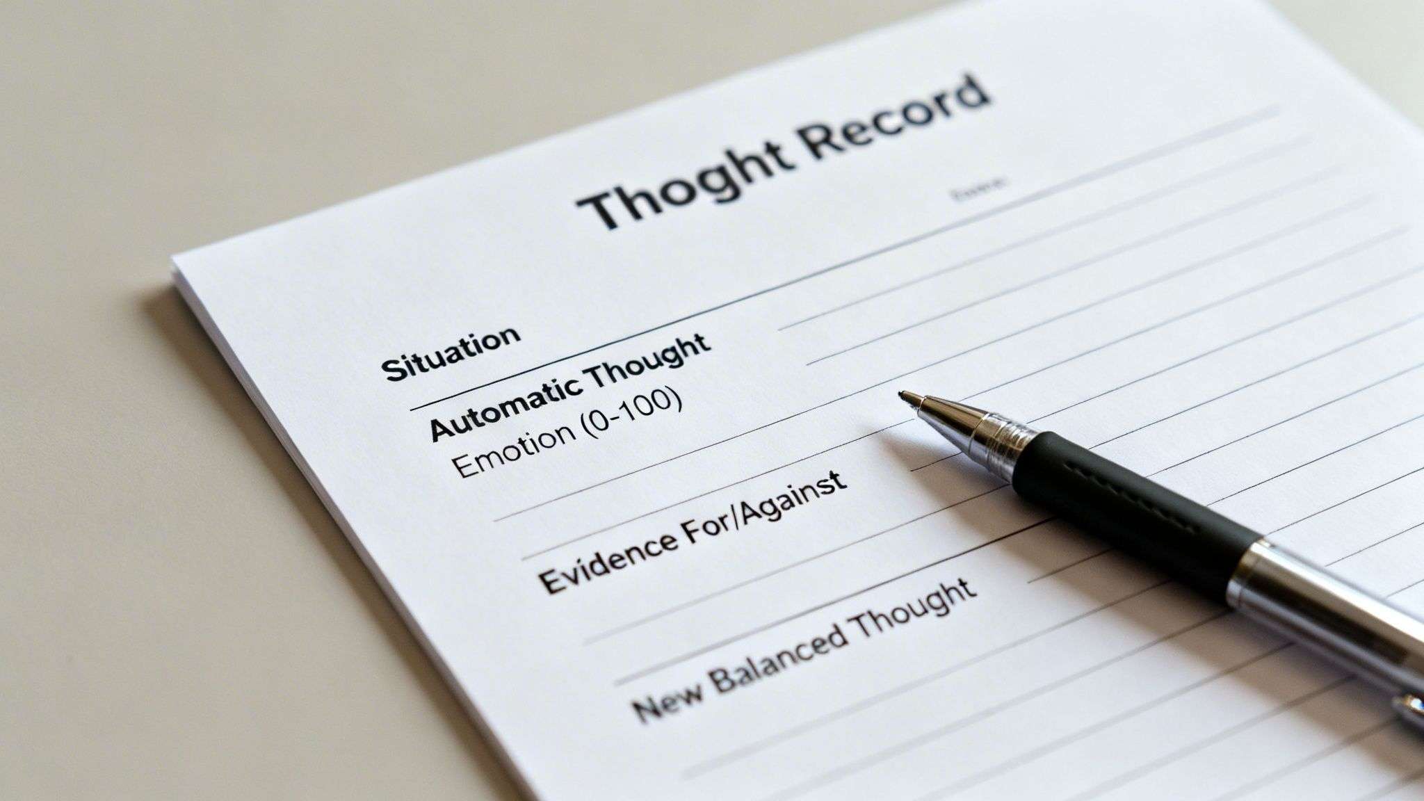 A close-up of a 'Thought Record' form, a tool used in CBT, with a pen resting on it.