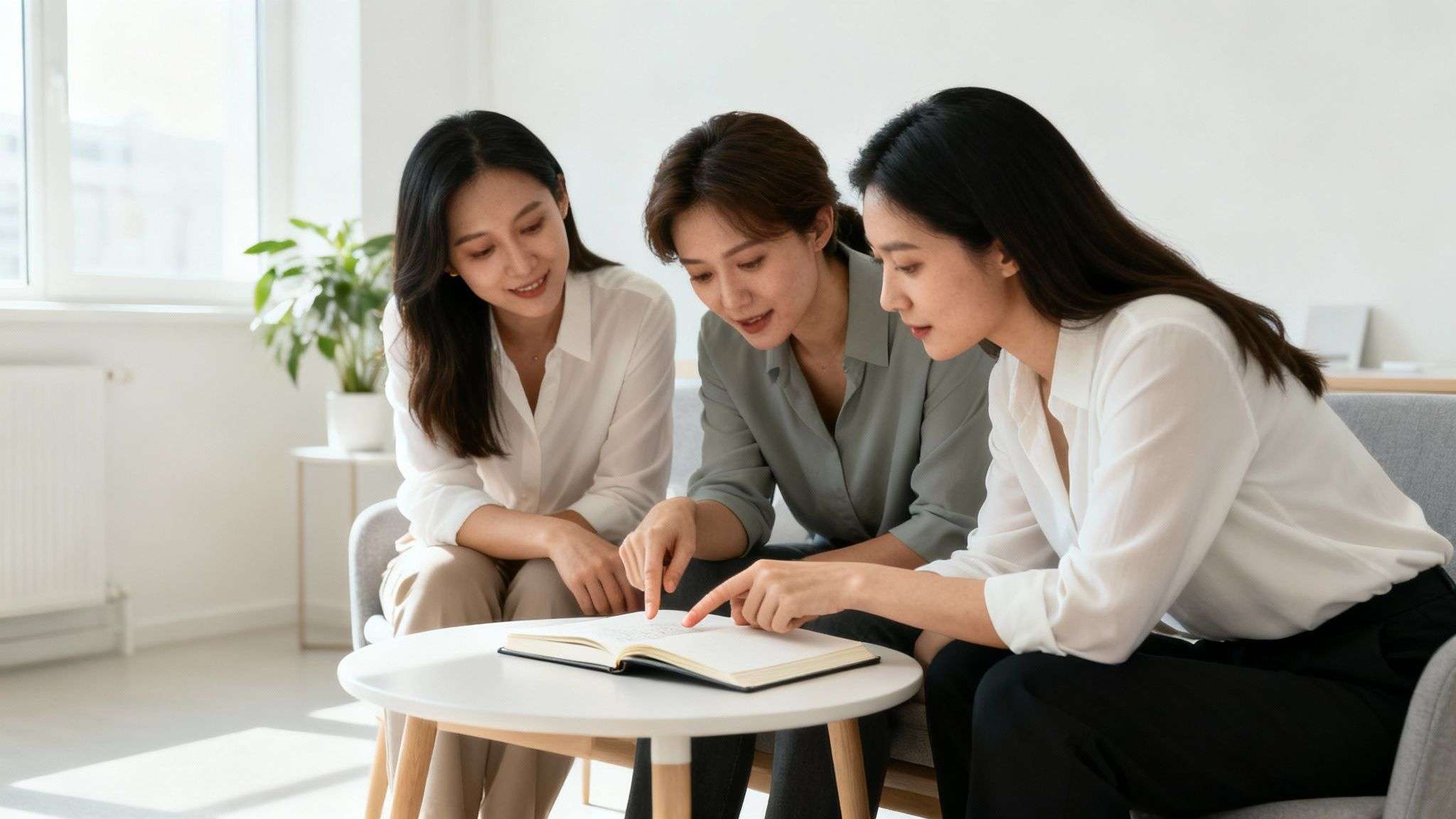 Three Asian women in a bright room discussing a book on a coffee table, pointing at pages.