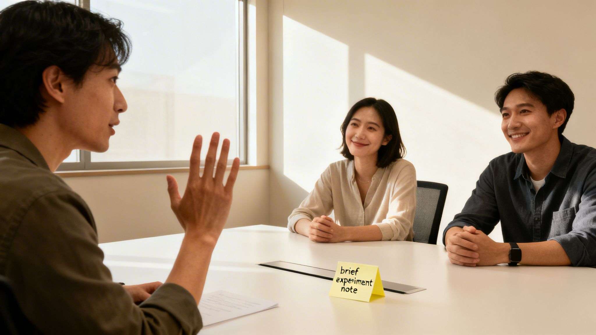 Three colleagues in a sunlit meeting room, one speaking with a raised hand.
