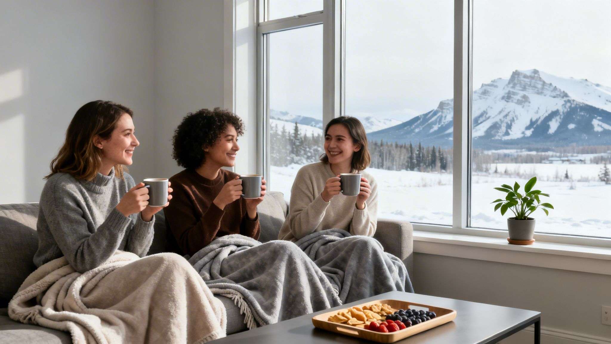 Three women on a couch, wrapped in blankets, enjoying warm drinks and snacks in a snowy mountain setting.