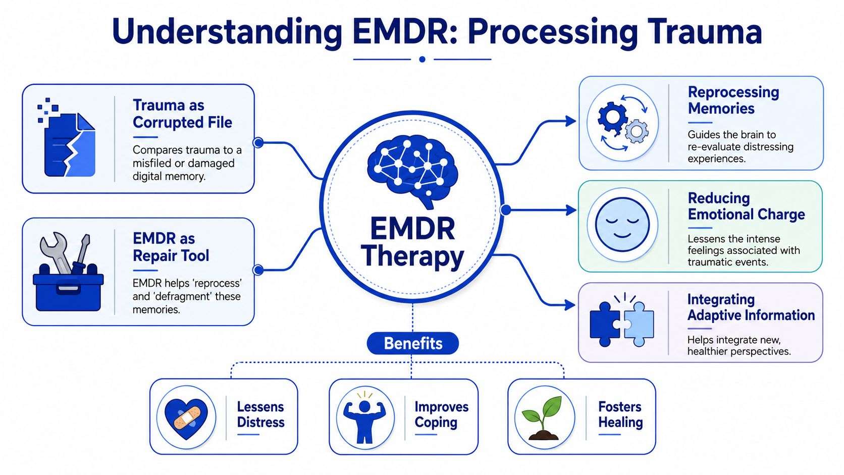 An infographic explaining EMDR therapy as a tool to reprocess traumatic memories and improve emotional well-being.