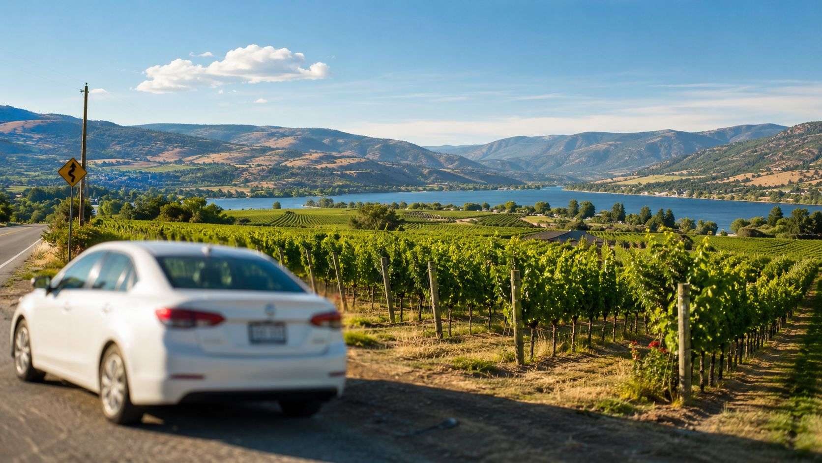 A white car parked alongside a lush green vineyard overlooking a serene lake and mountain landscape.